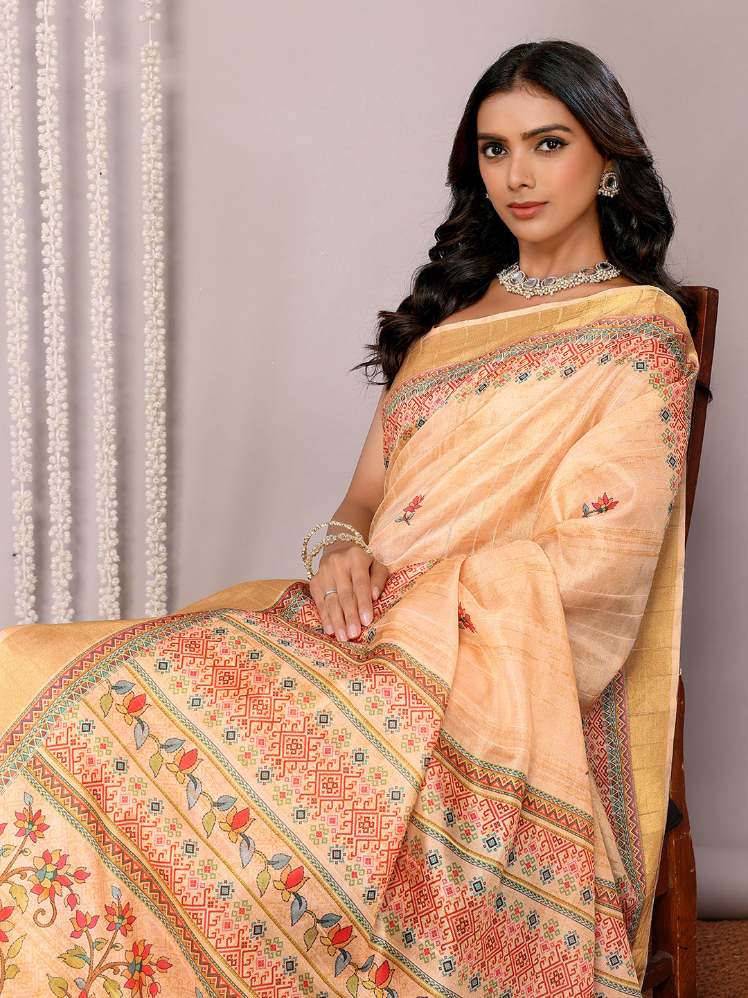 Beige Chanderi Silk Floral Printed Chanderi Saree with Blouse Piece