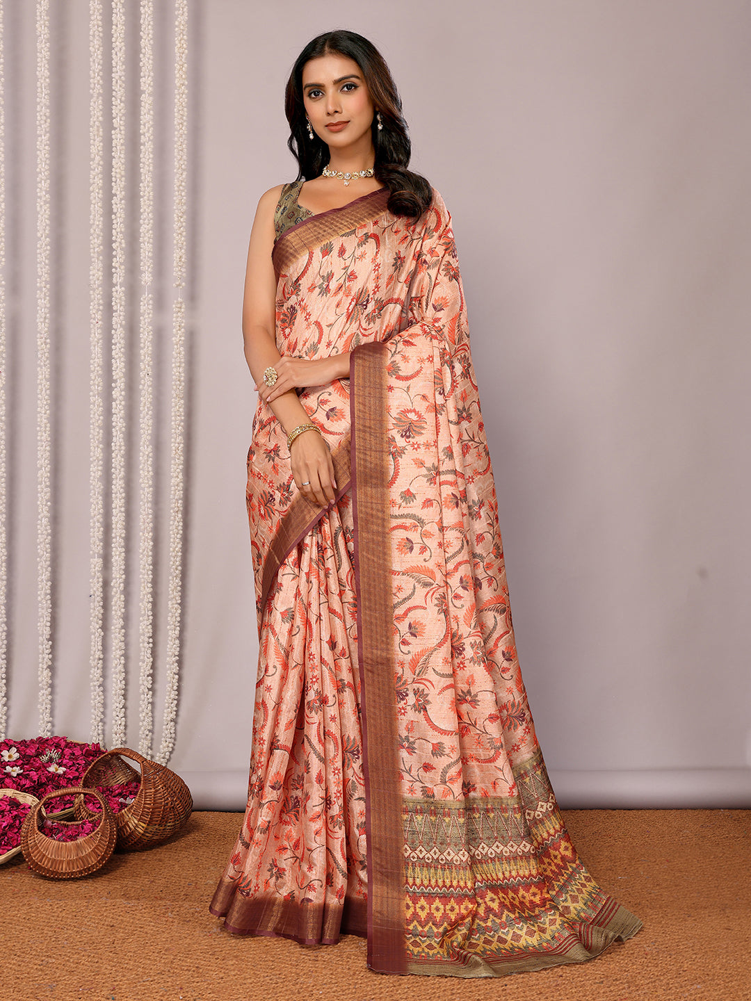 Peach Chanderi Silk Floral Printed Chanderi Saree with Blouse Piece