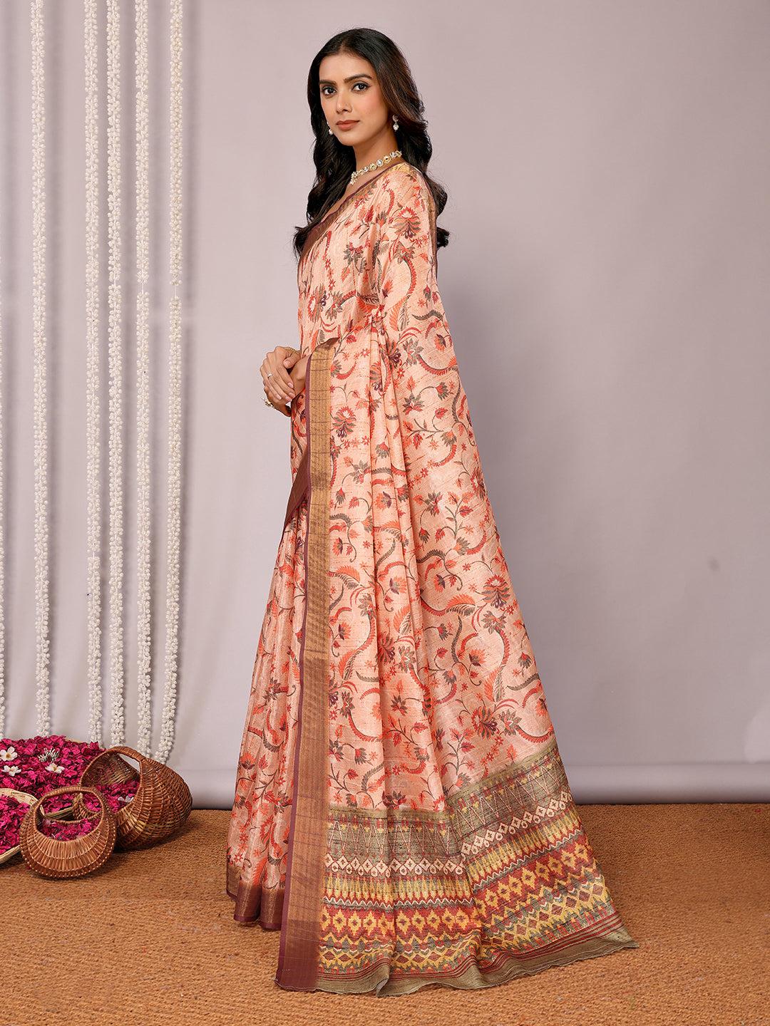 Peach Chanderi Silk Floral Printed Chanderi Saree with Blouse Piece