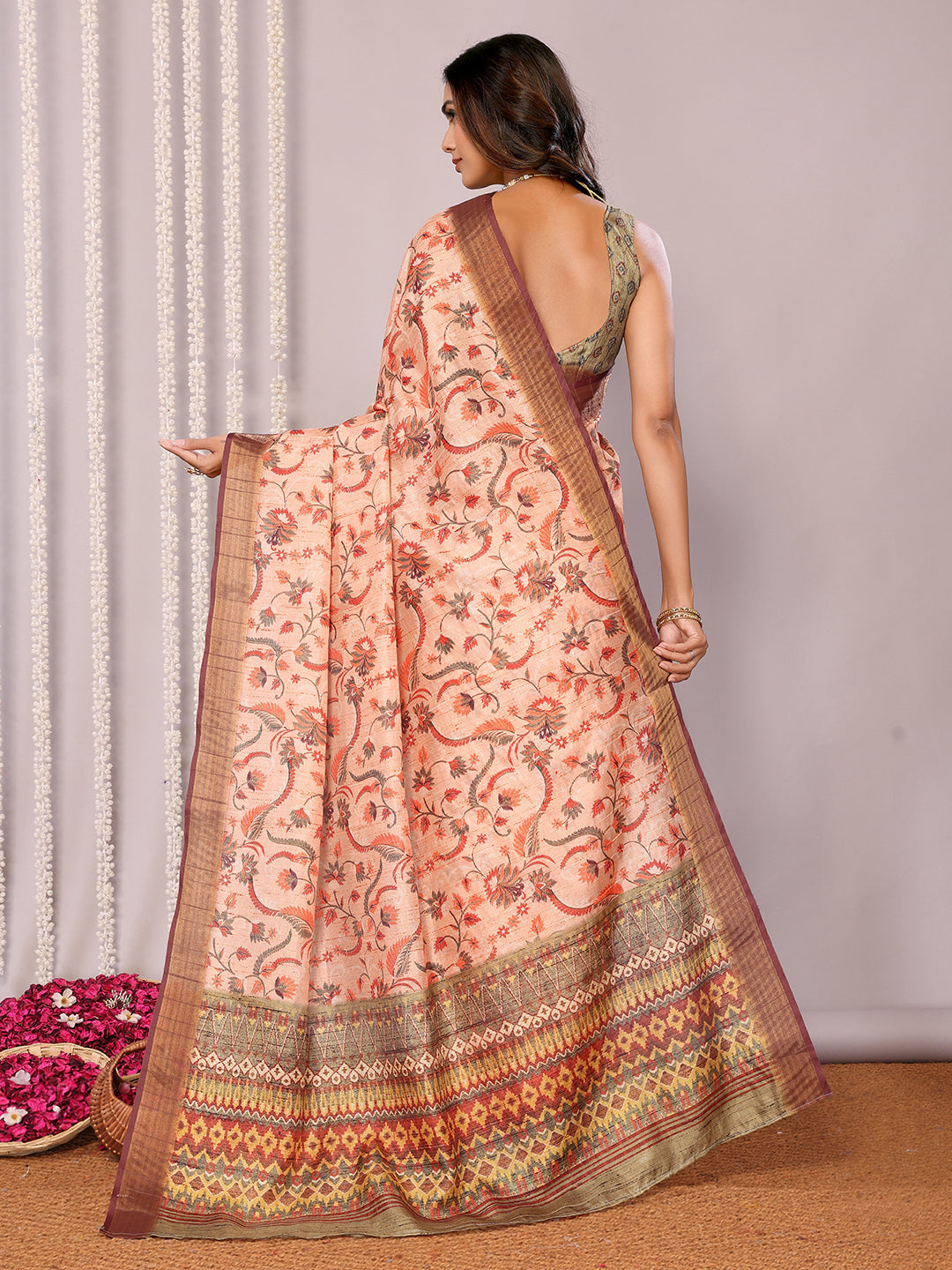 Peach Chanderi Silk Floral Printed Chanderi Saree with Blouse Piece