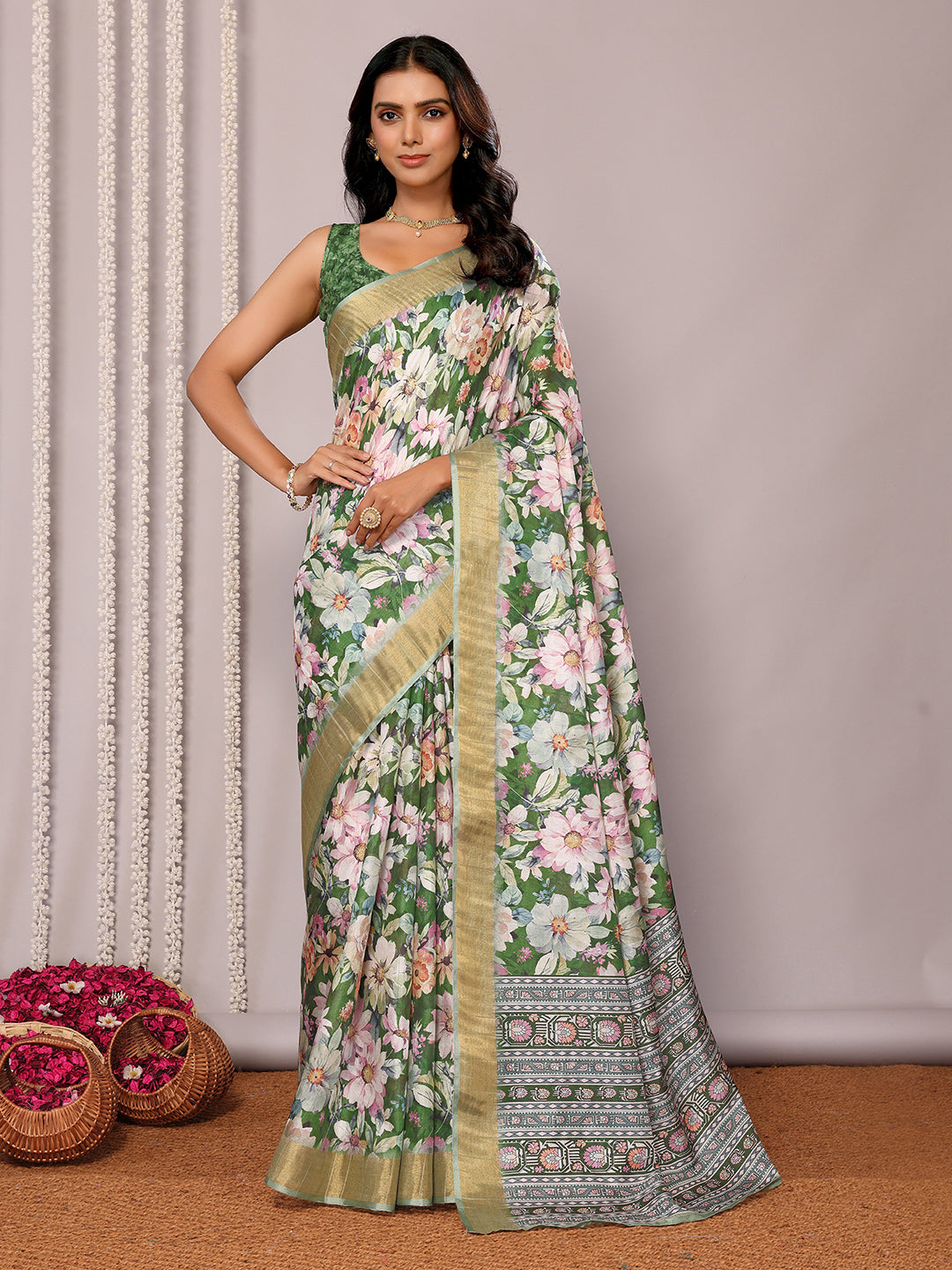 Green Chanderi Silk Floral Printed Chanderi Saree with Blouse Piece