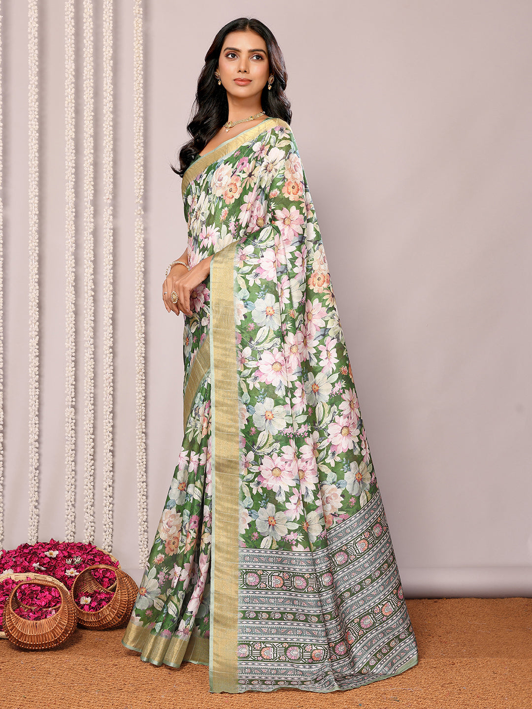 Green Chanderi Silk Floral Printed Chanderi Saree with Blouse Piece