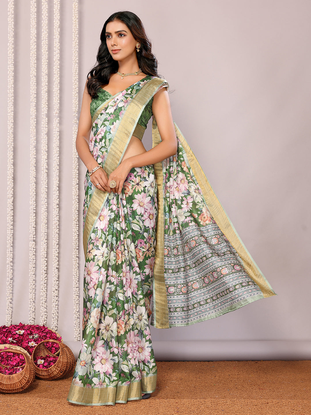 Green Chanderi Silk Floral Printed Chanderi Saree with Blouse Piece