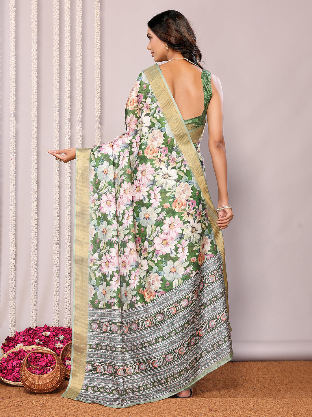 Green Chanderi Silk Floral Printed Chanderi Saree with Blouse Piece