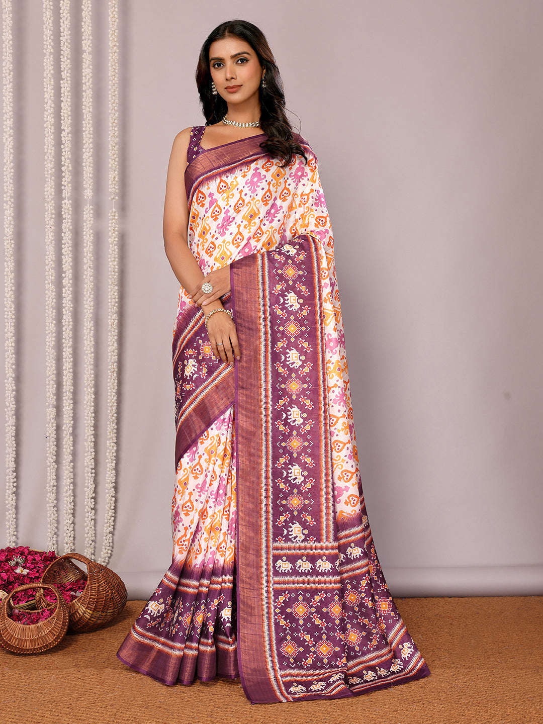White & Purple Chanderi Silk Ikkat Printed Chanderi Saree with Blouse Piece