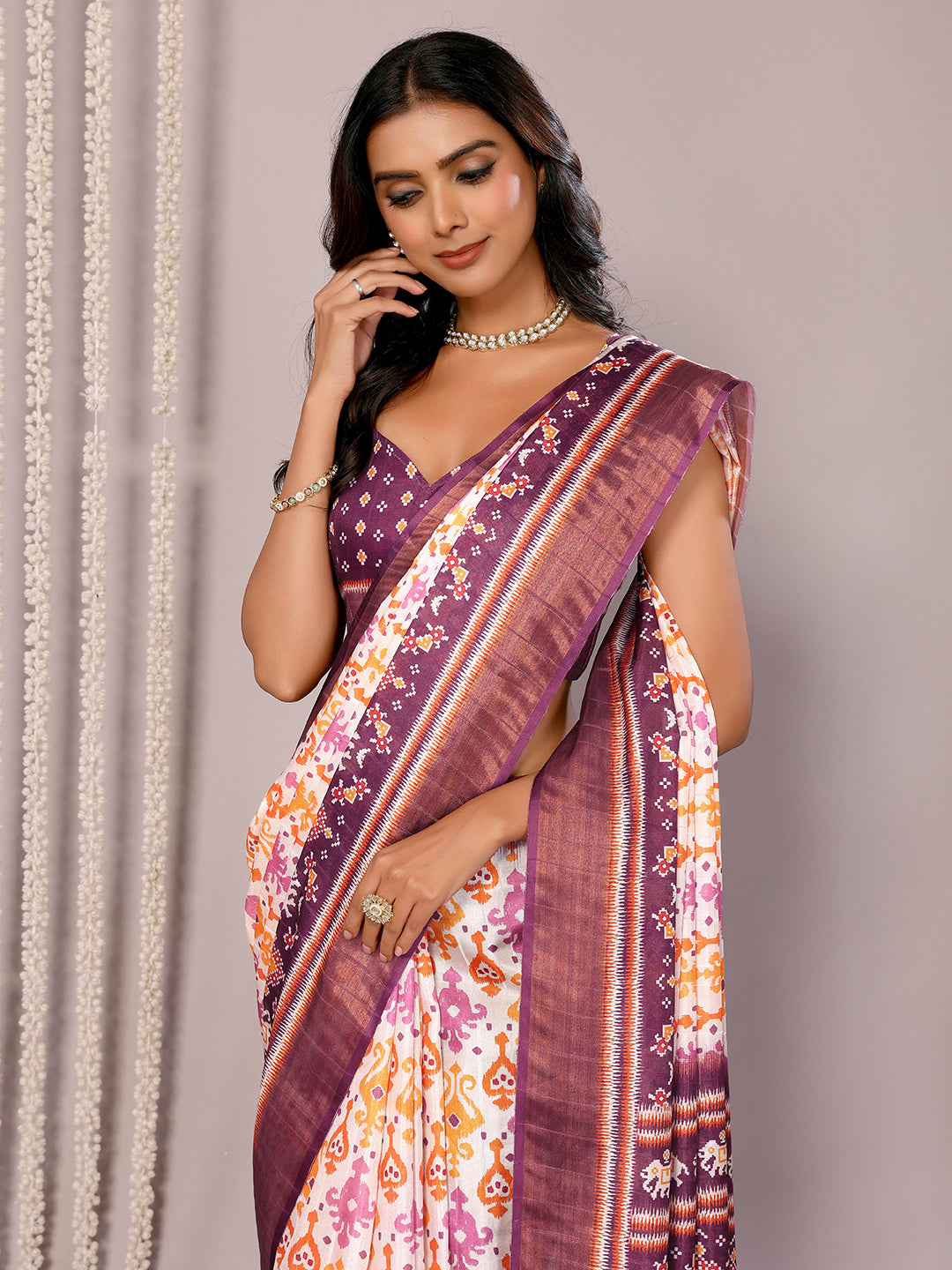 White & Purple Chanderi Silk Ikkat Printed Chanderi Saree with Blouse Piece