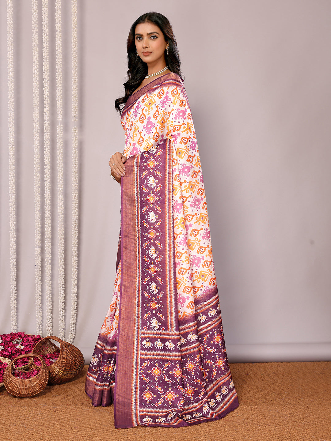 White & Purple Chanderi Silk Ikkat Printed Chanderi Saree with Blouse Piece
