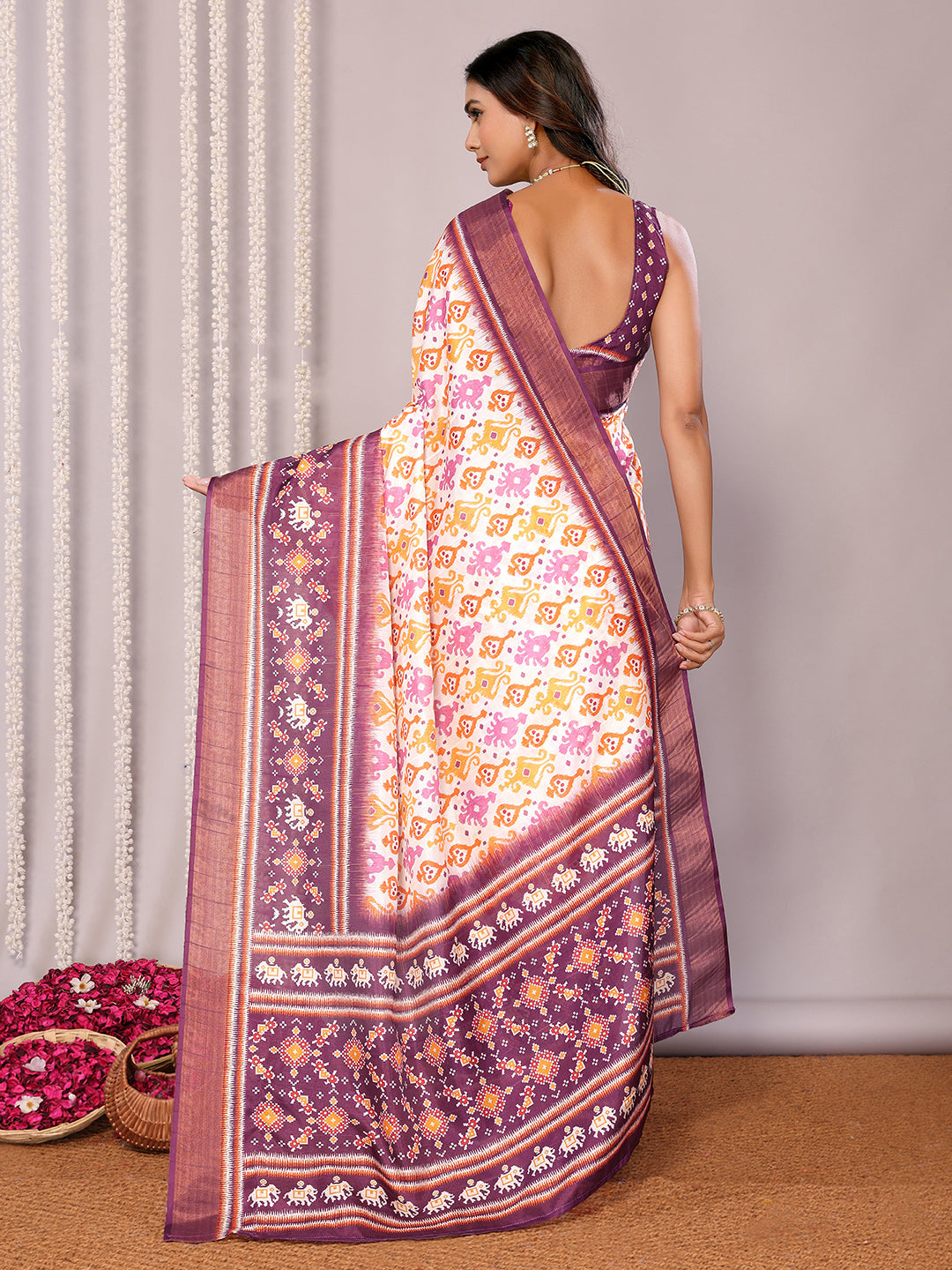 White & Purple Chanderi Silk Ikkat Printed Chanderi Saree with Blouse Piece