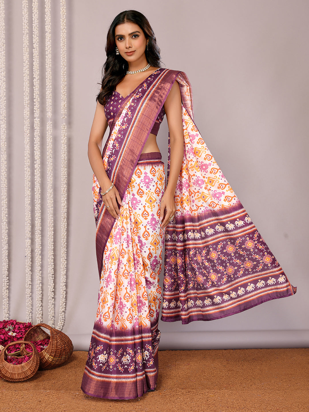 White & Purple Chanderi Silk Ikkat Printed Chanderi Saree with Blouse Piece