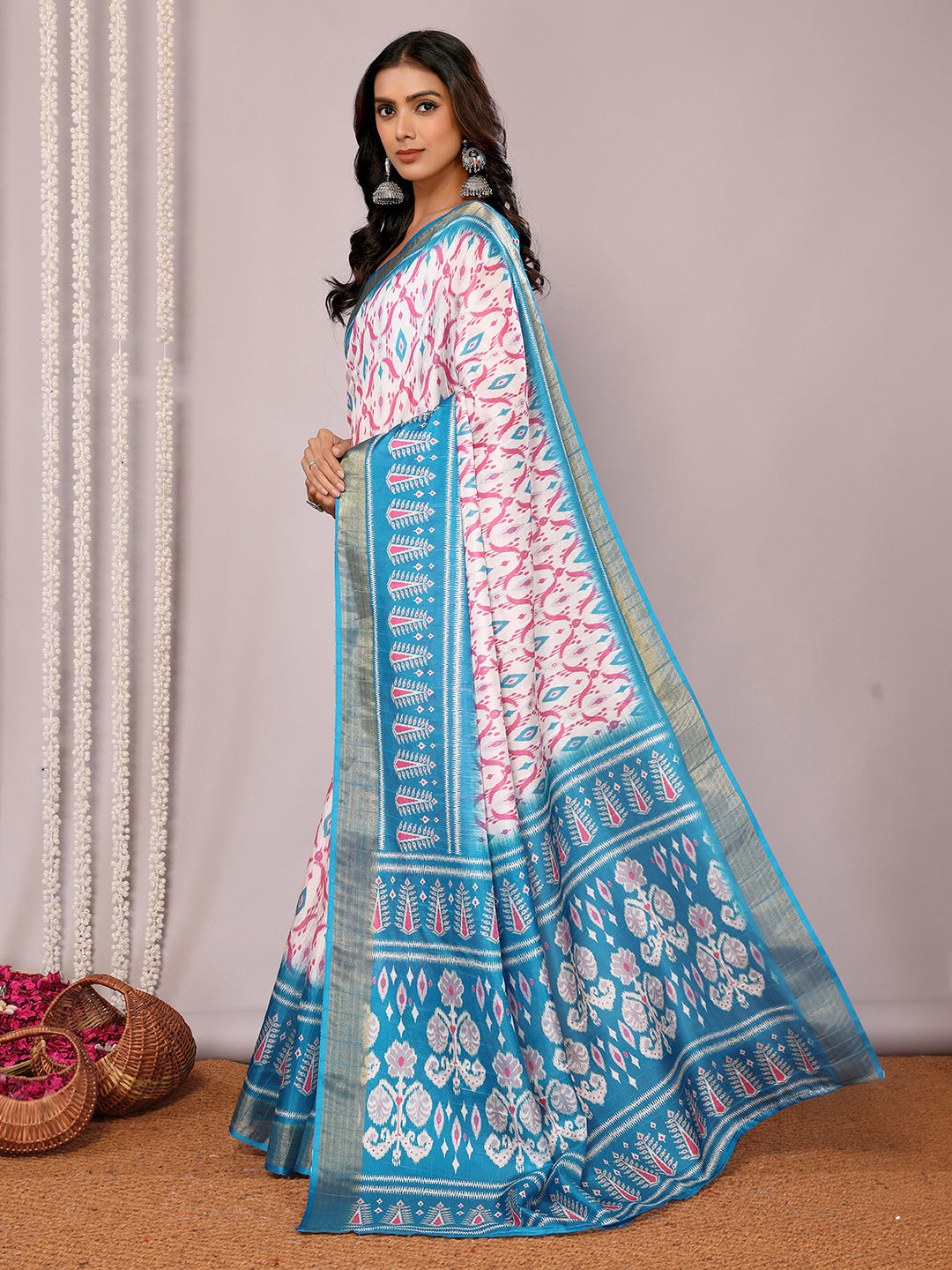 Blue Chanderi Silk Ikkat Printed Chanderi Saree with Blouse Piece