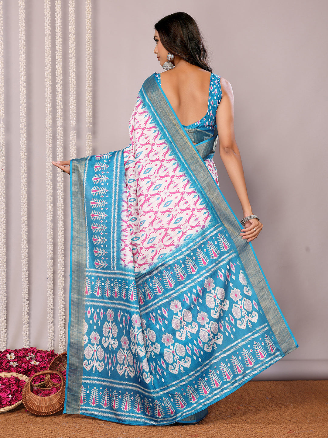 Blue Chanderi Silk Ikkat Printed Chanderi Saree with Blouse Piece