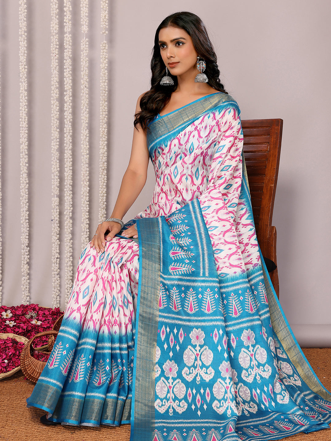 Blue Chanderi Silk Ikkat Printed Chanderi Saree with Blouse Piece
