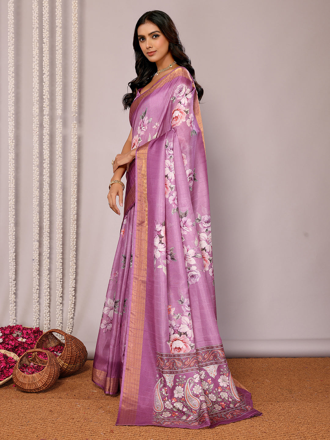 Purple Chanderi Silk Floral Printed Chanderi Saree with Blouse Piece