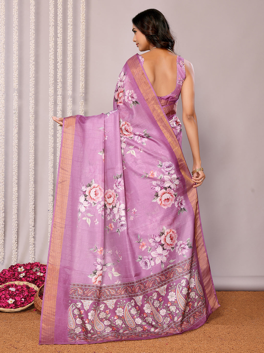 Purple Chanderi Silk Floral Printed Chanderi Saree with Blouse Piece