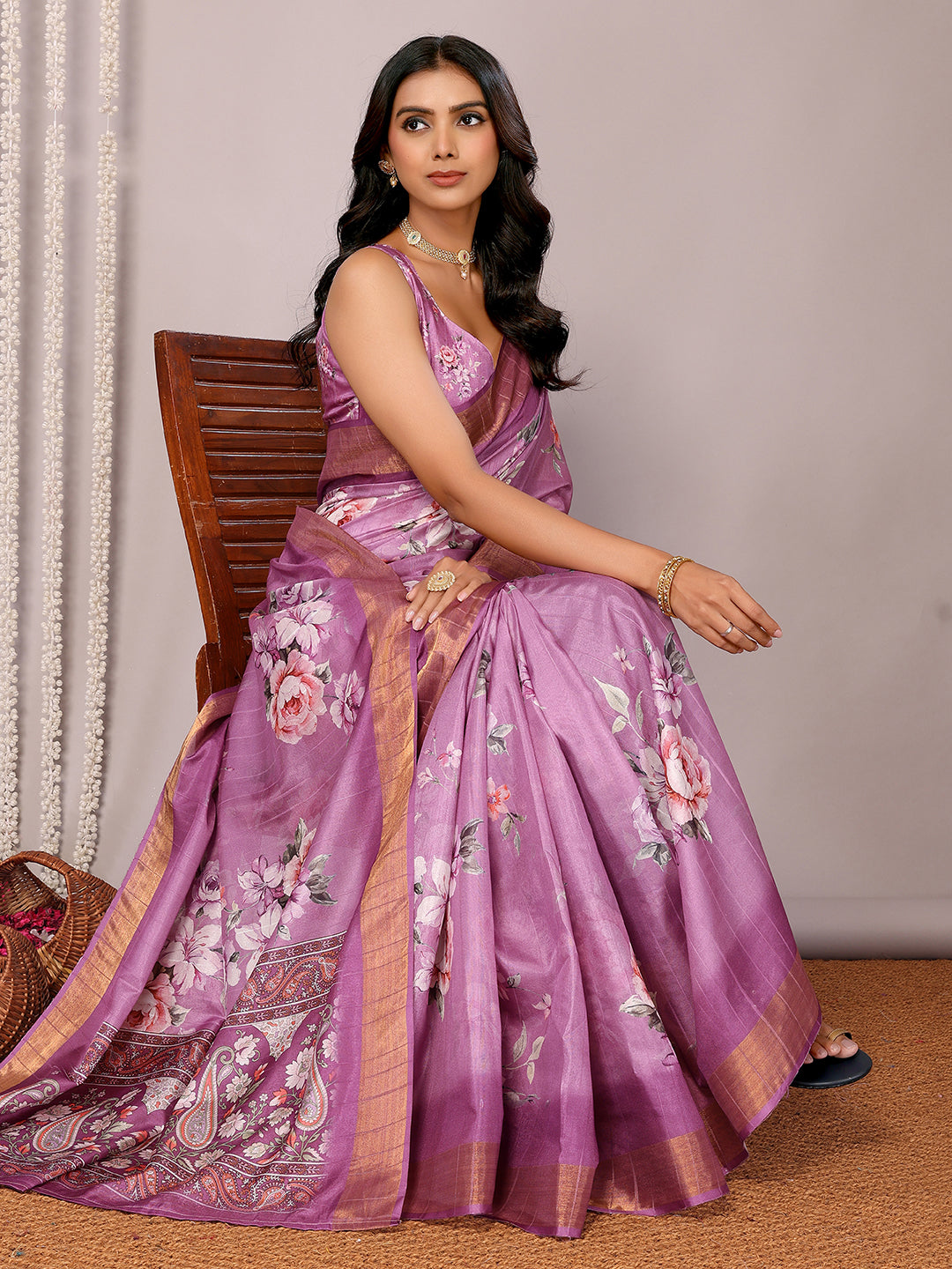 Purple Chanderi Silk Floral Printed Chanderi Saree with Blouse Piece