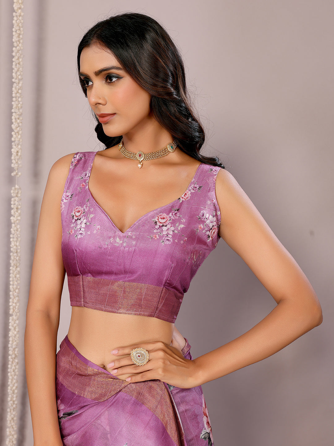 Purple Chanderi Silk Floral Printed Chanderi Saree with Blouse Piece