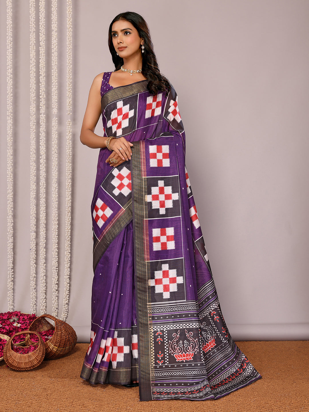 Purple Chanderi Silk Geometric Printed Saree with Blouse Piece