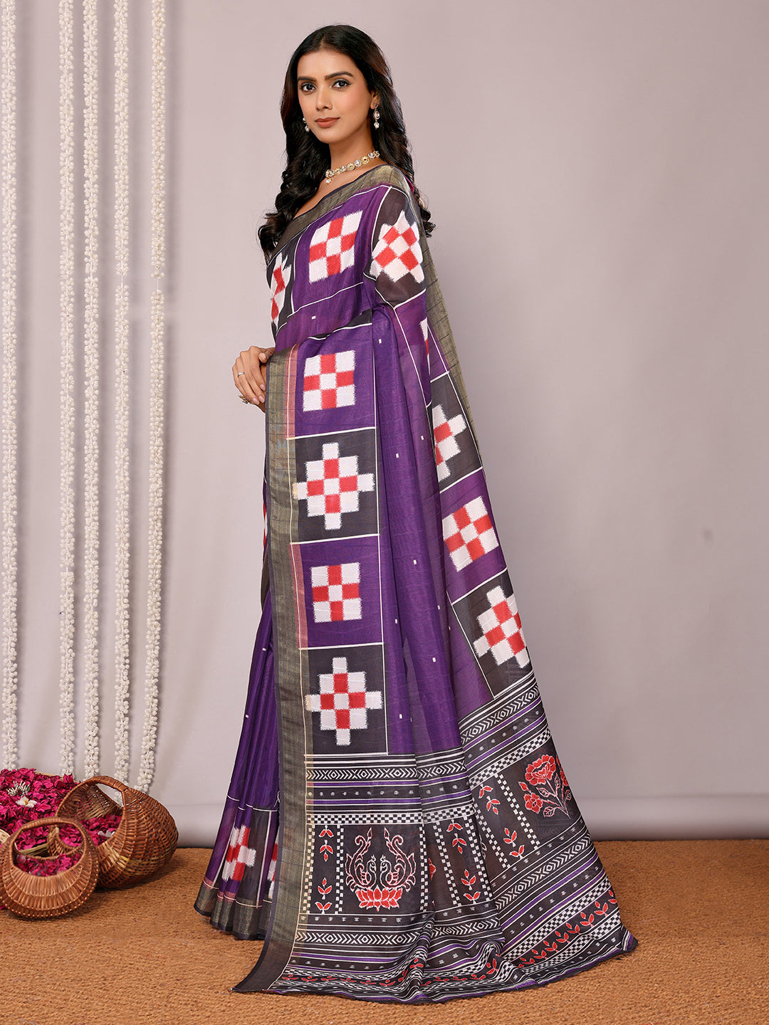 Purple Chanderi Silk Geometric Printed Saree with Blouse Piece