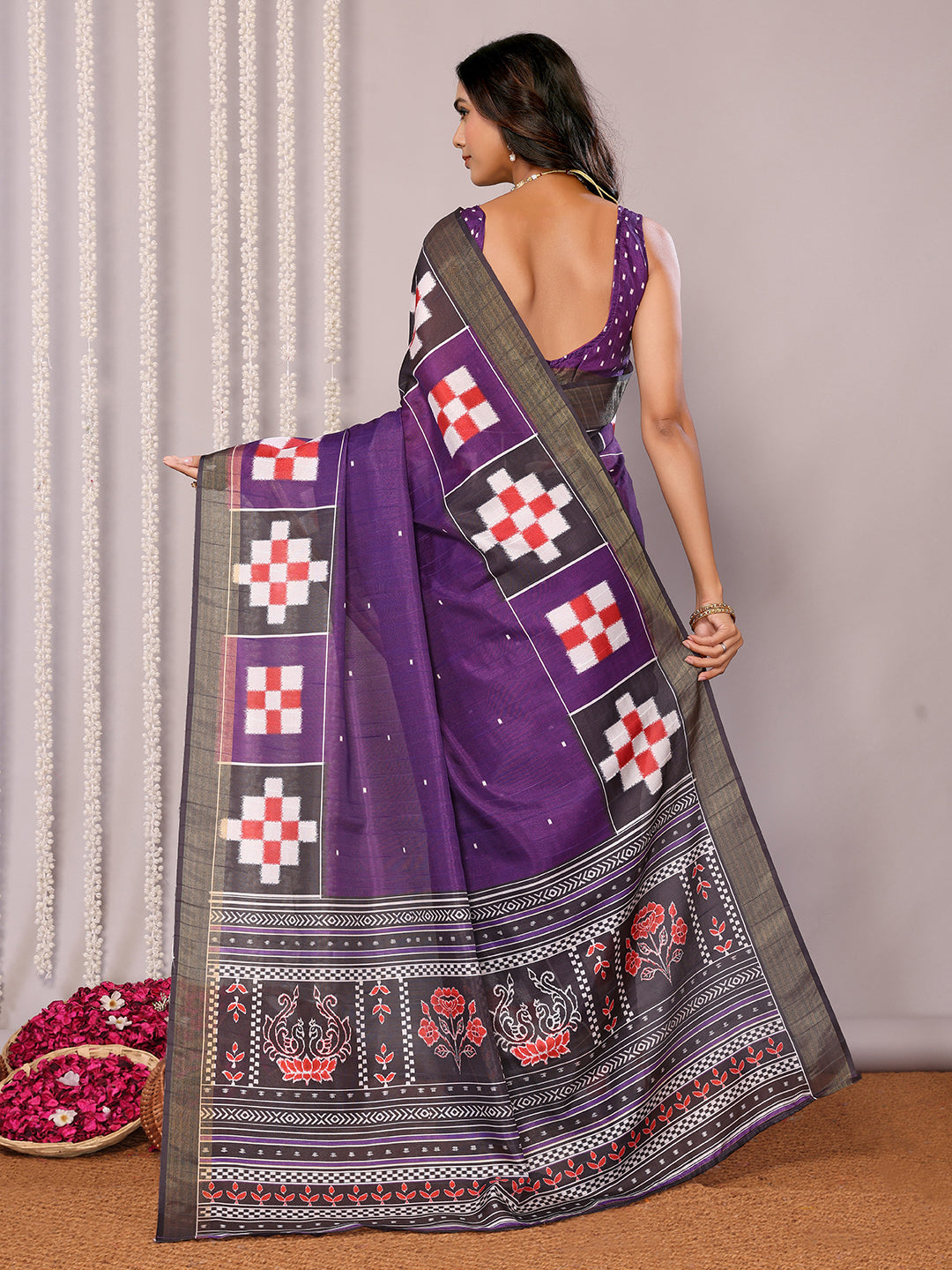 Purple Chanderi Silk Geometric Printed Saree with Blouse Piece