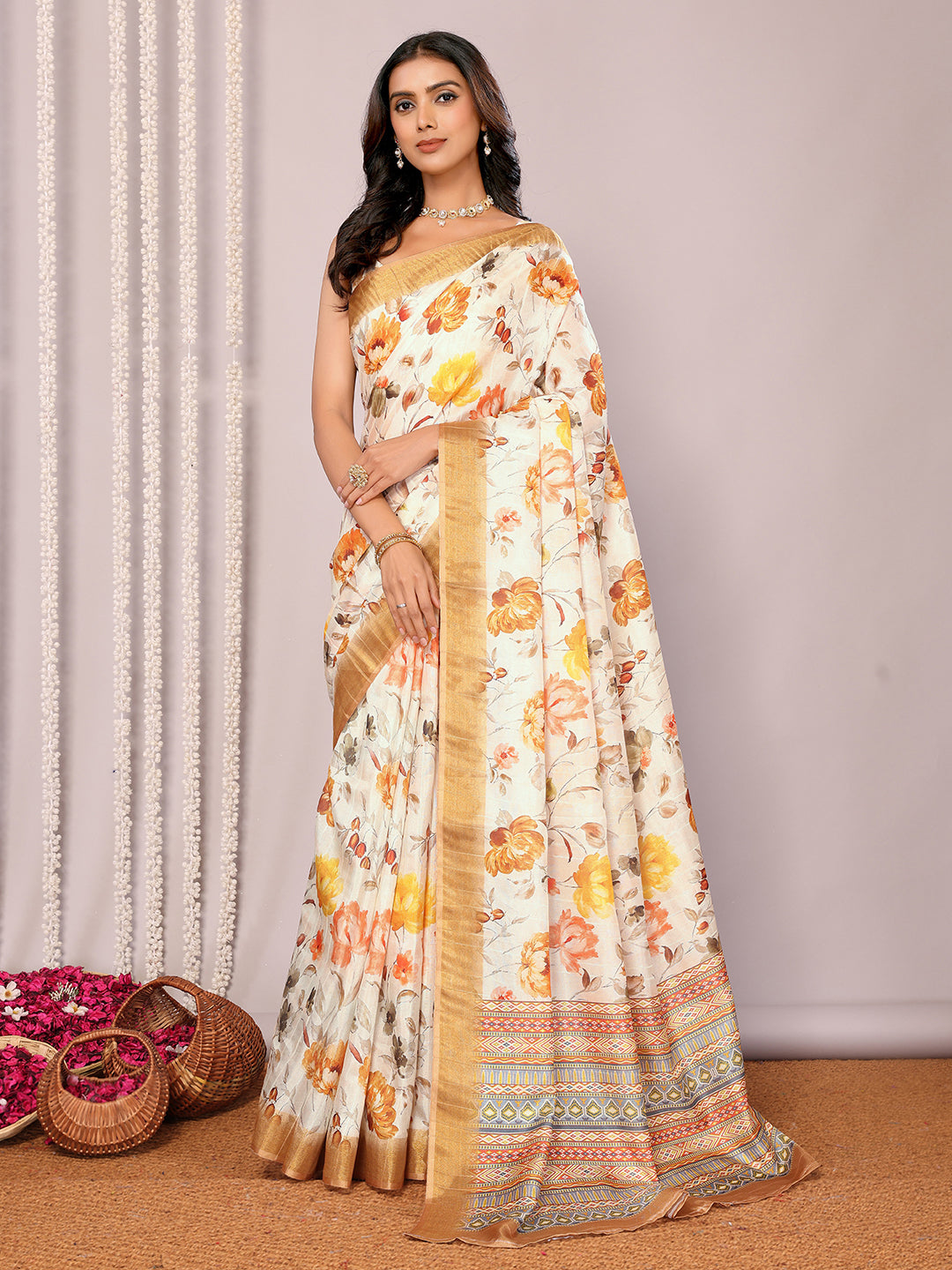 Cream Chanderi Silk Floral Printed Chanderi Saree with Blouse Piece