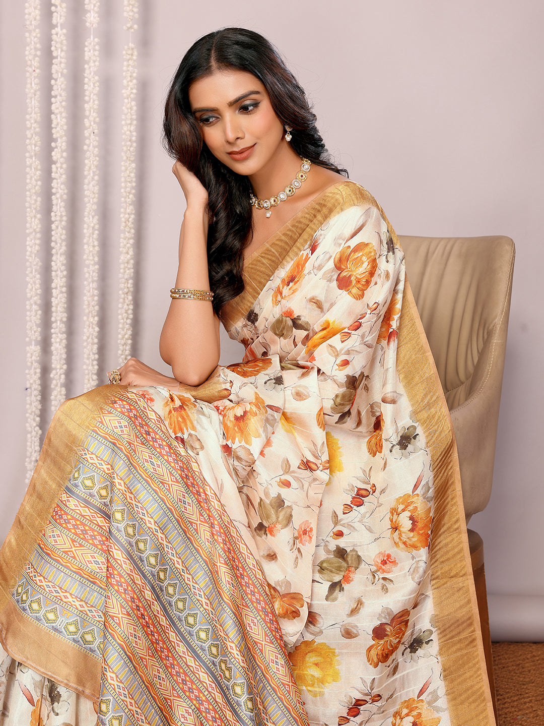 Cream Chanderi Silk Floral Printed Chanderi Saree with Blouse Piece