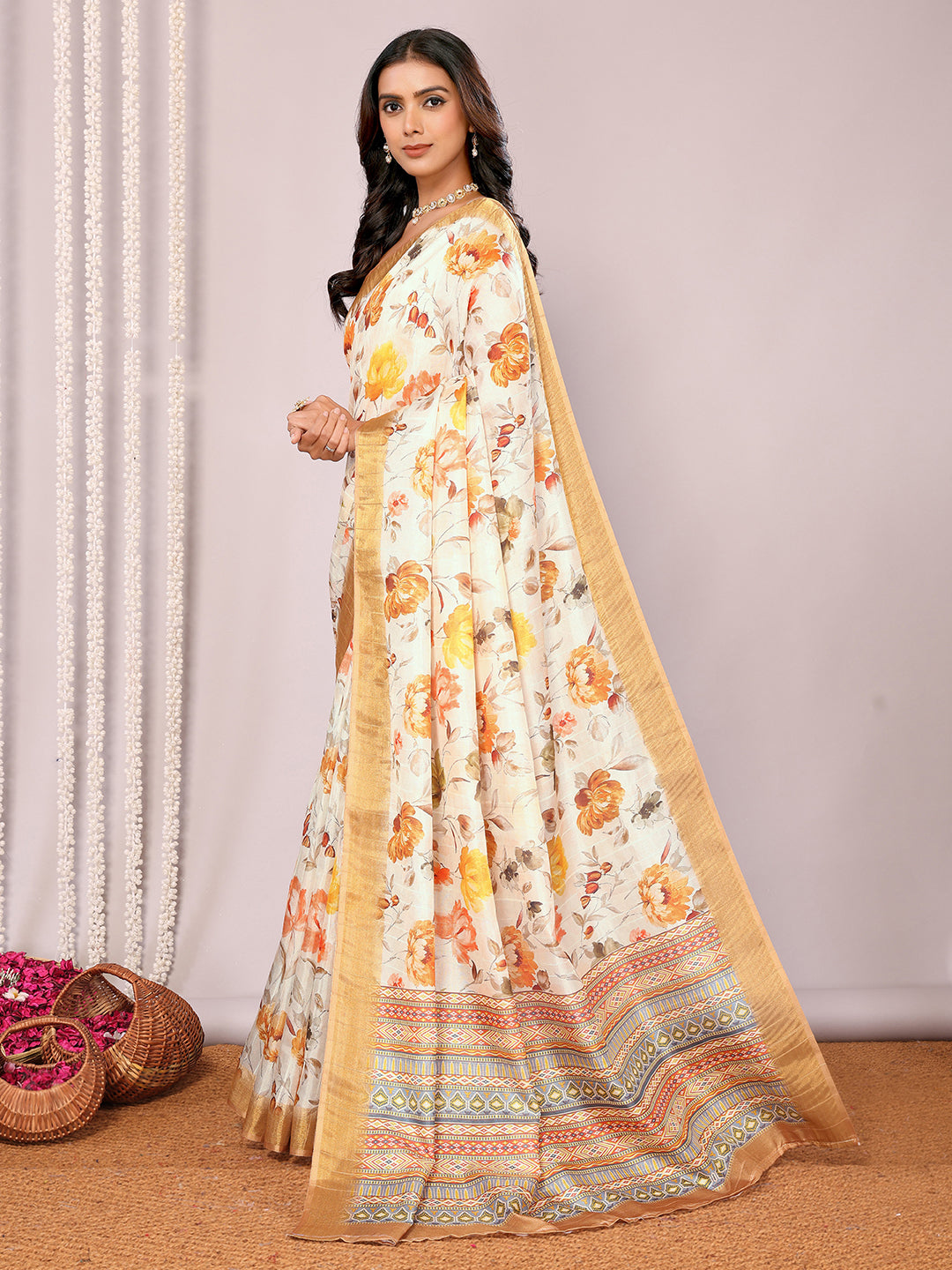 Cream Chanderi Silk Floral Printed Chanderi Saree with Blouse Piece