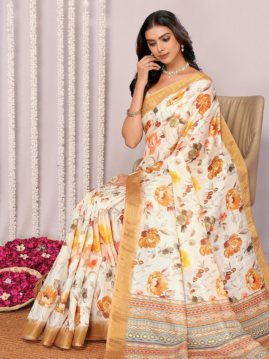Cream Chanderi Silk Floral Printed Chanderi Saree with Blouse Piece