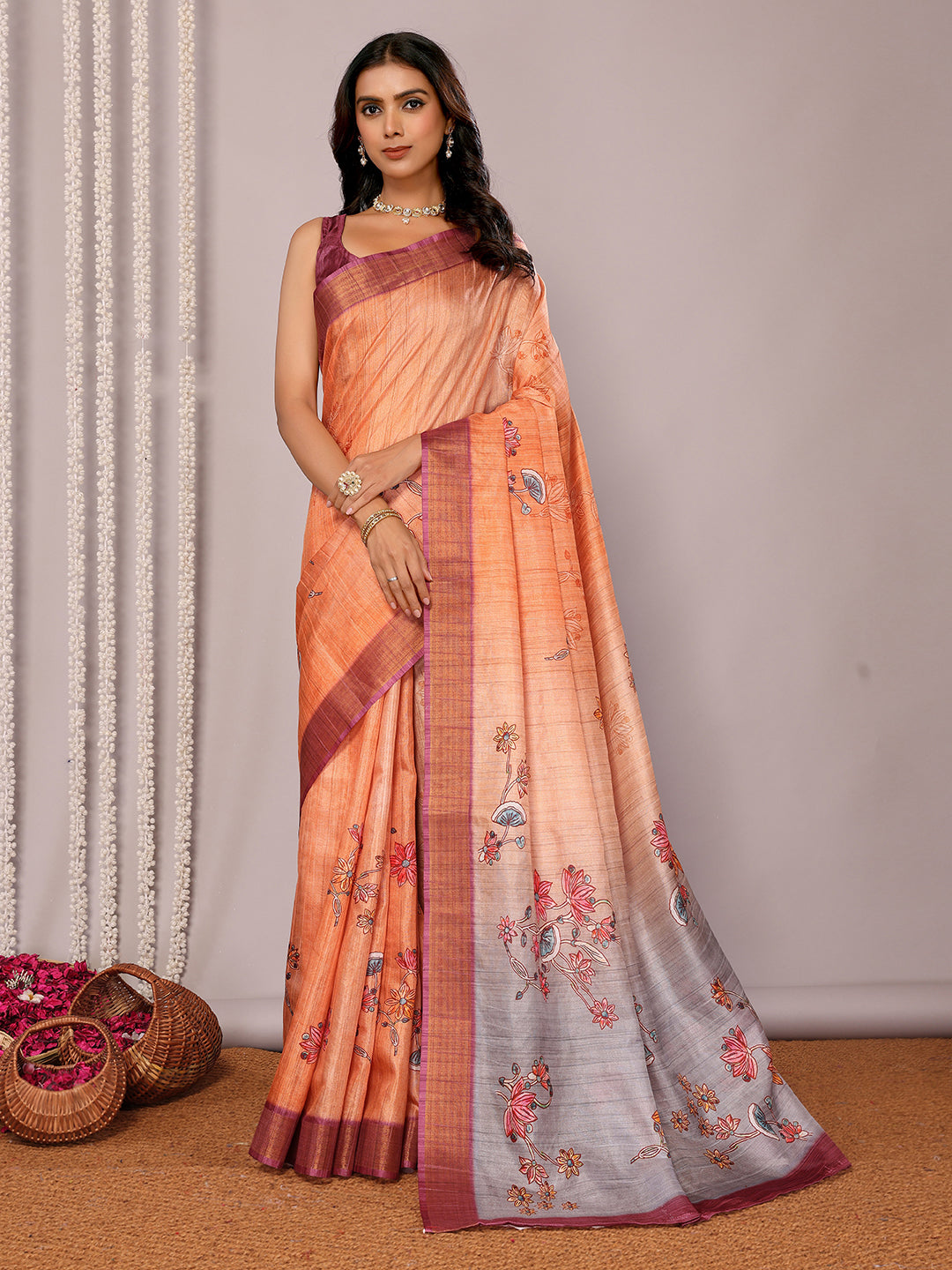 Beige Chanderi Silk Floral Printed Chanderi Saree with Blouse Piece