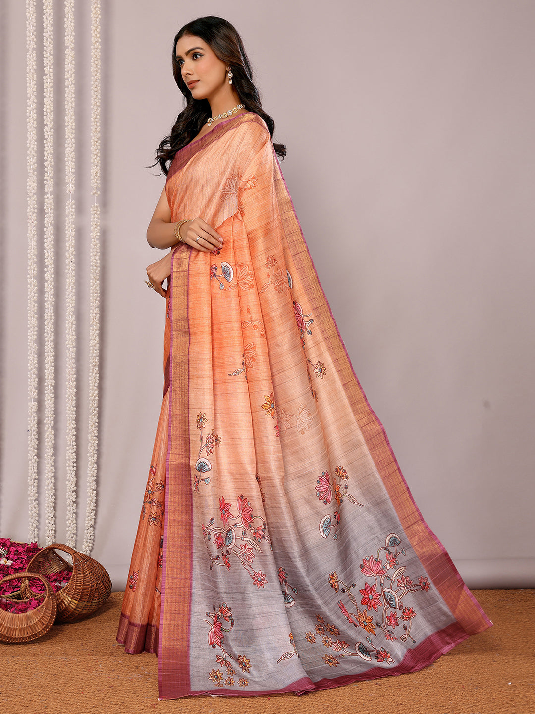Beige Chanderi Silk Floral Printed Chanderi Saree with Blouse Piece