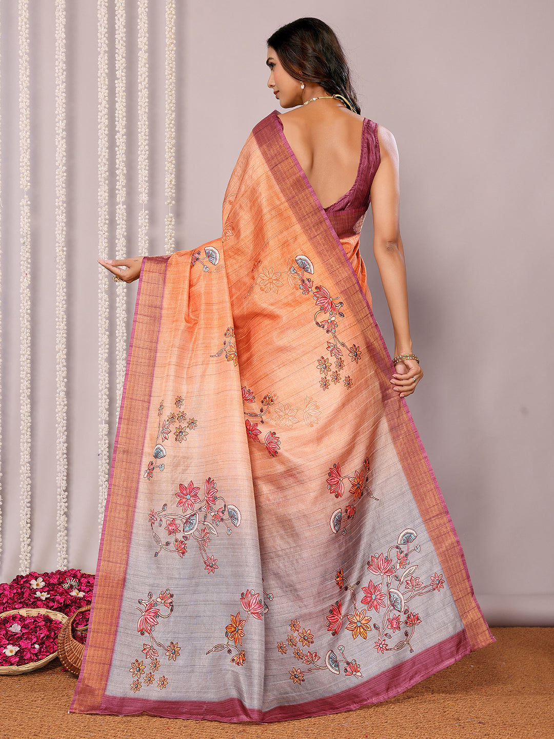 Beige Chanderi Silk Floral Printed Chanderi Saree with Blouse Piece