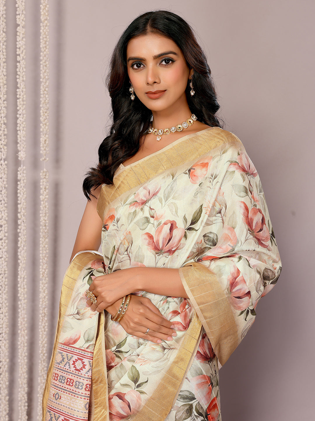 Cream Chanderi Silk Floral Printed Chanderi Saree with Blouse Piece