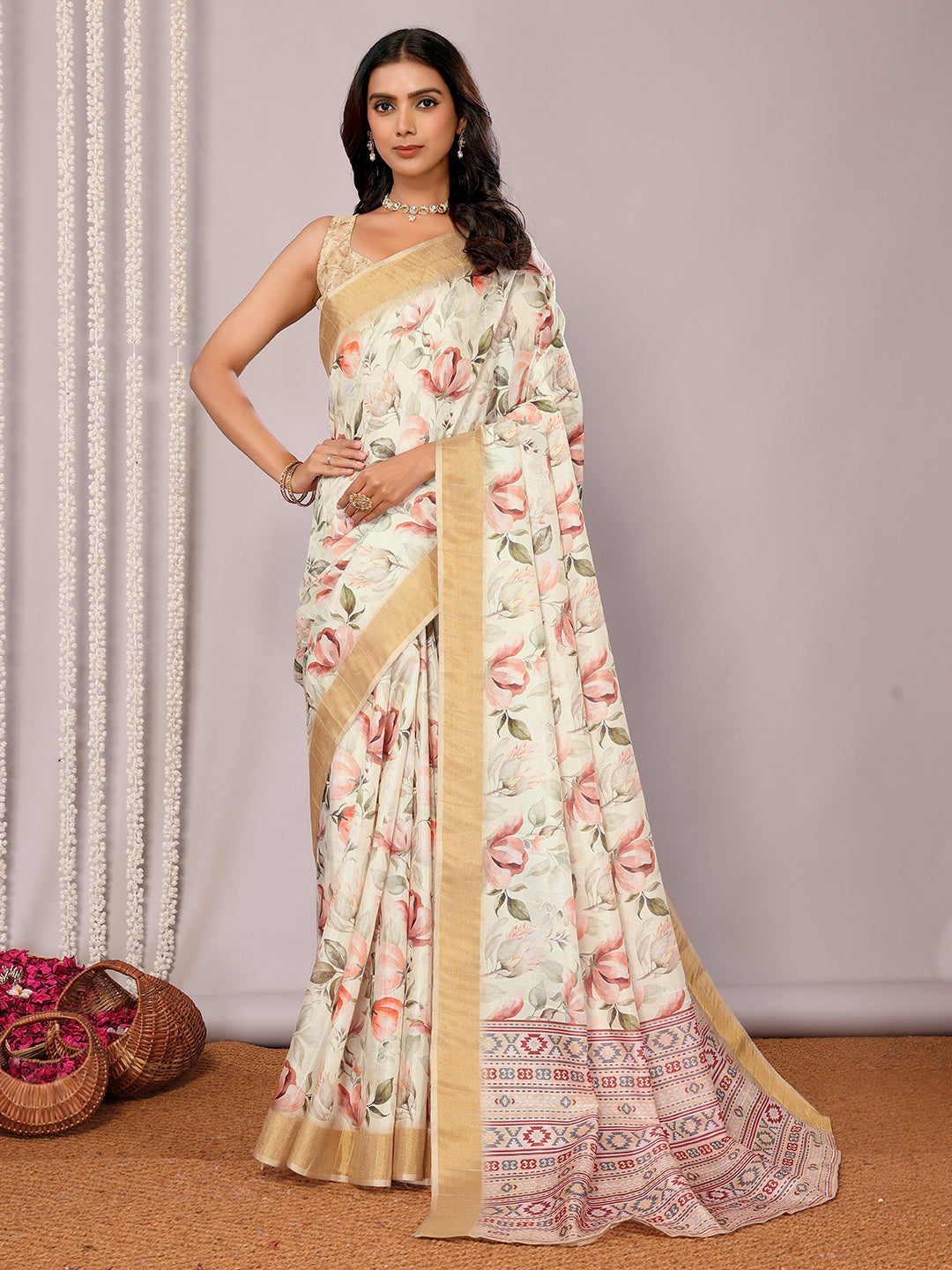 Cream Chanderi Silk Floral Printed Chanderi Saree with Blouse Piece