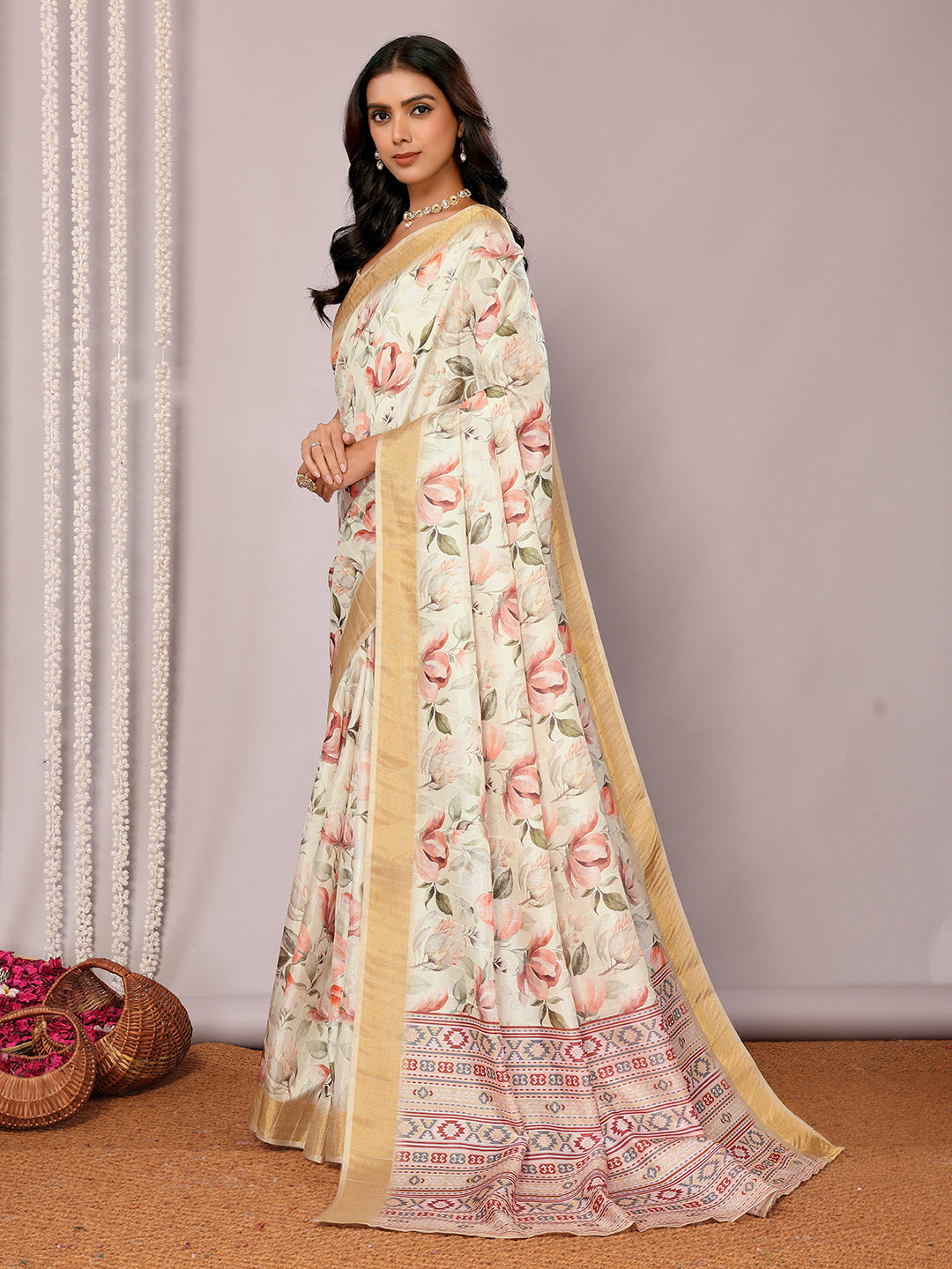 Cream Chanderi Silk Floral Printed Chanderi Saree with Blouse Piece