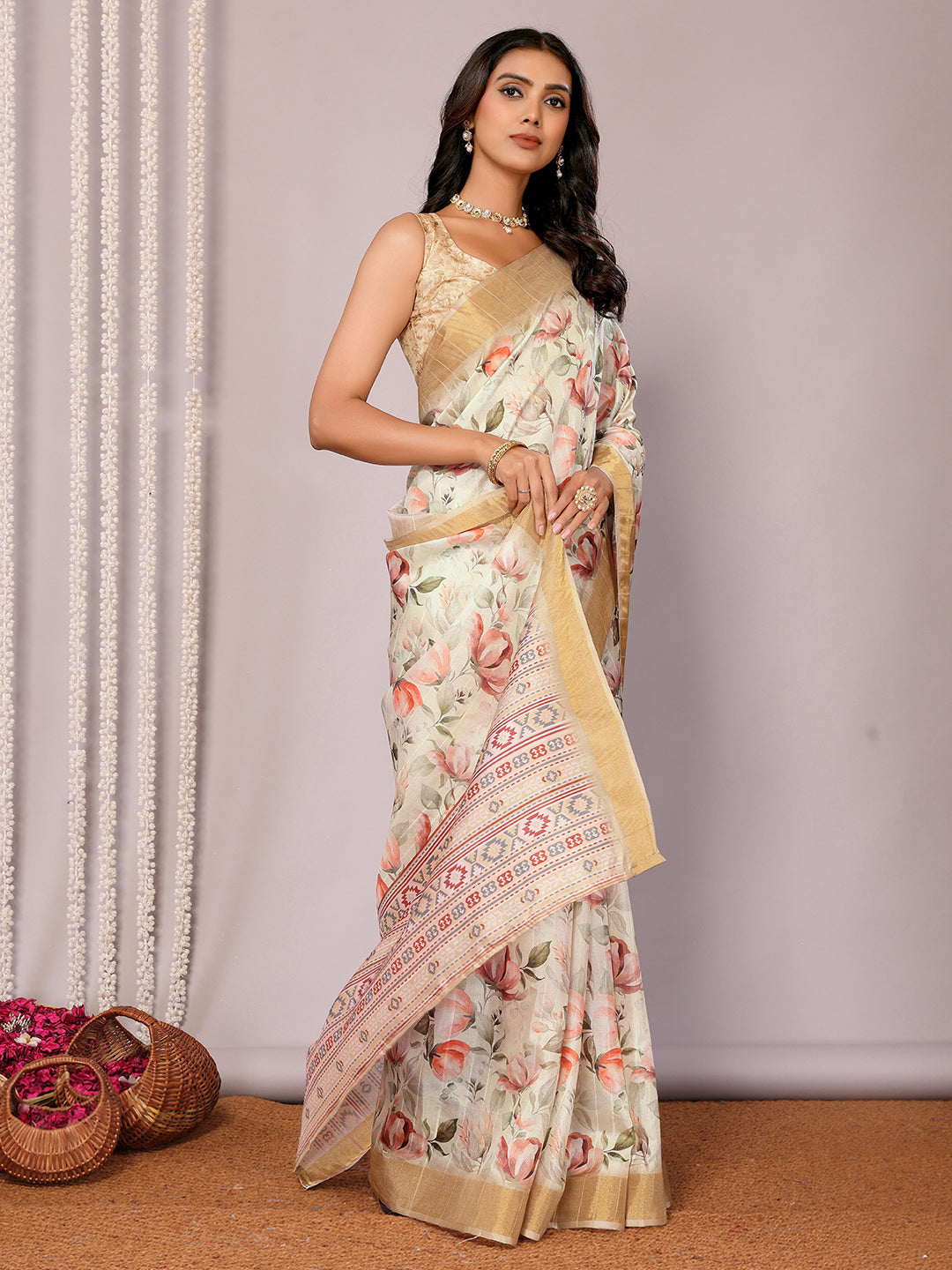 Cream Chanderi Silk Floral Printed Chanderi Saree with Blouse Piece