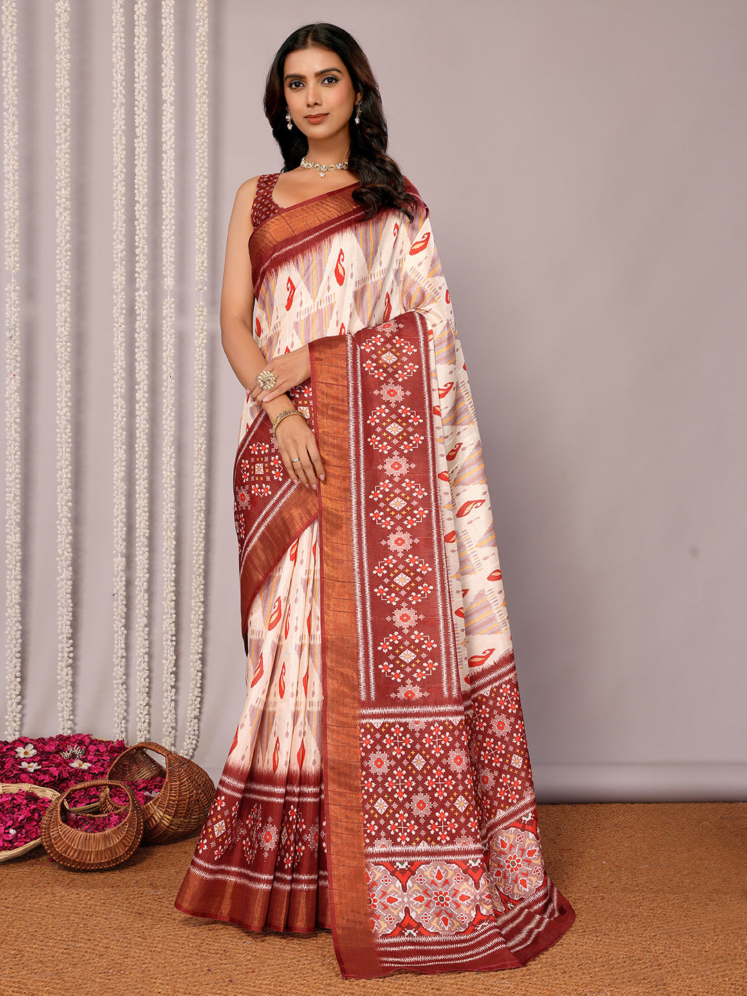 Cream Chanderi Silk Ikkat Printed Chanderi Saree with Blouse Piece