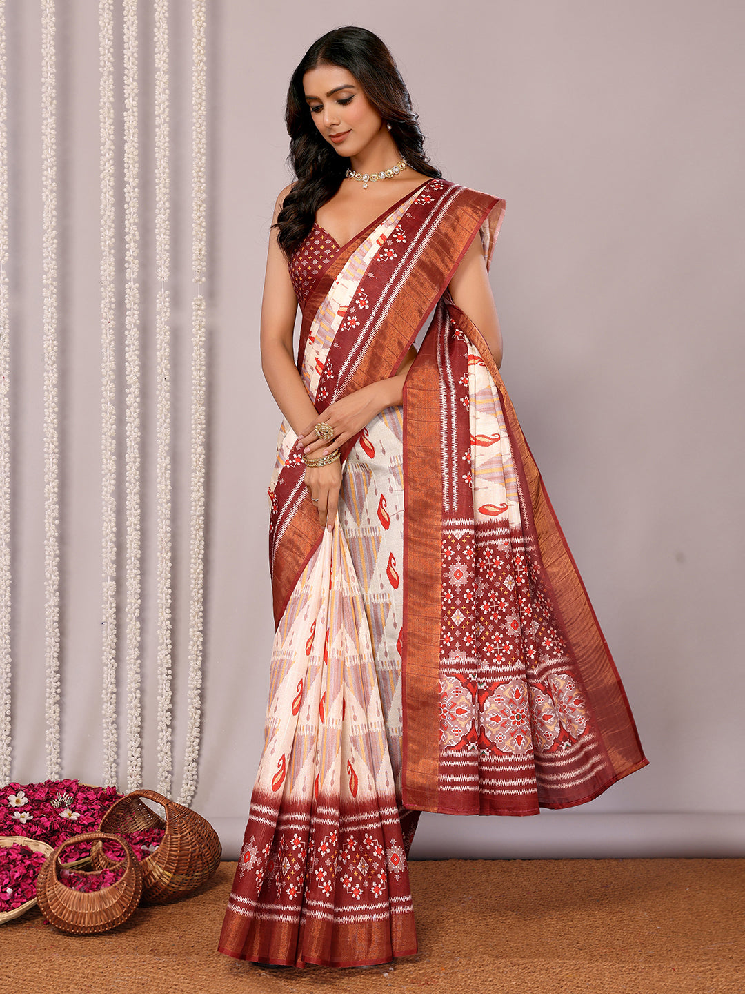 Cream Chanderi Silk Ikkat Printed Chanderi Saree with Blouse Piece