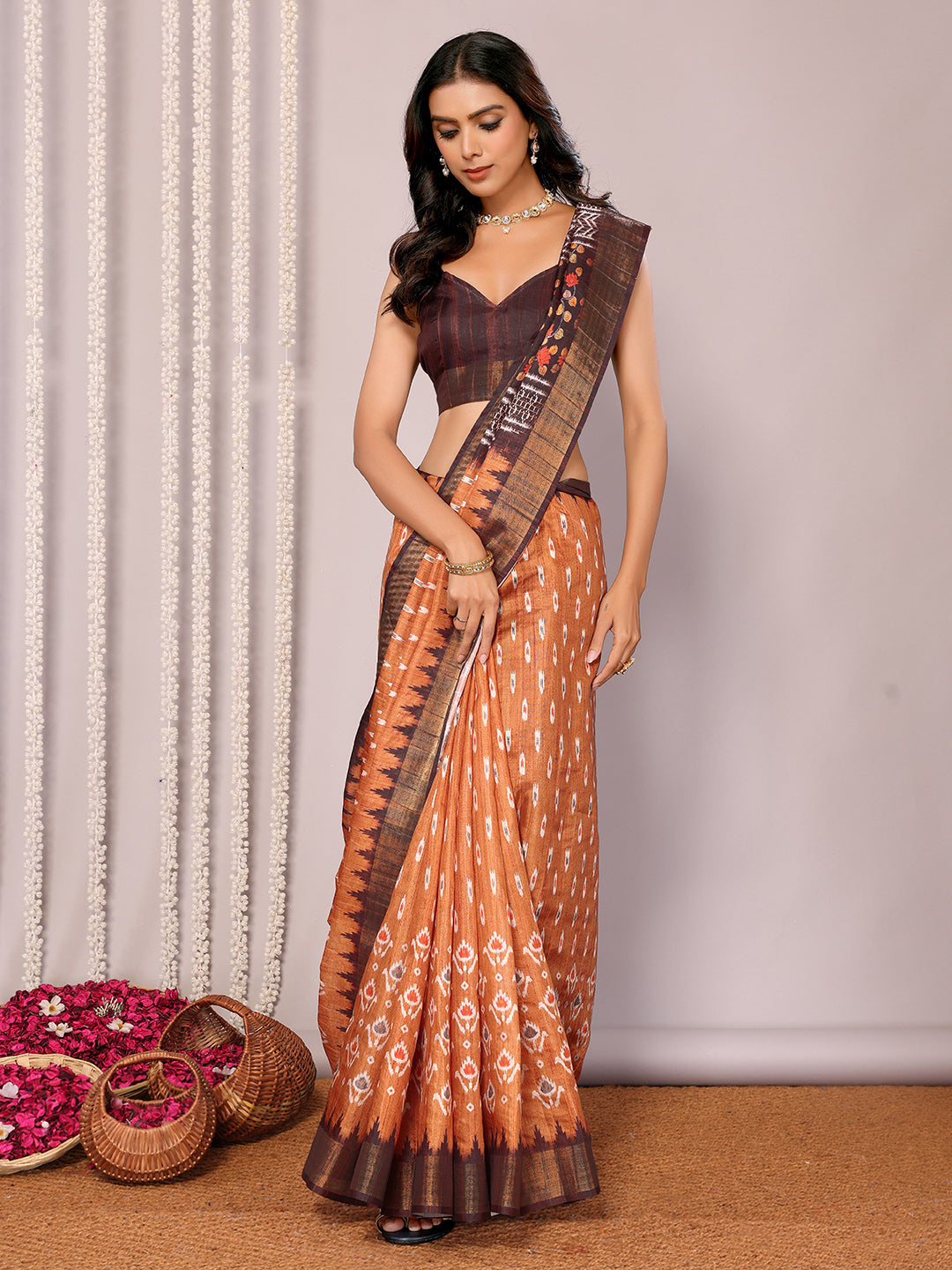 Orange Chanderi Silk Ikkat Printed Chanderi Saree with Blouse Piece