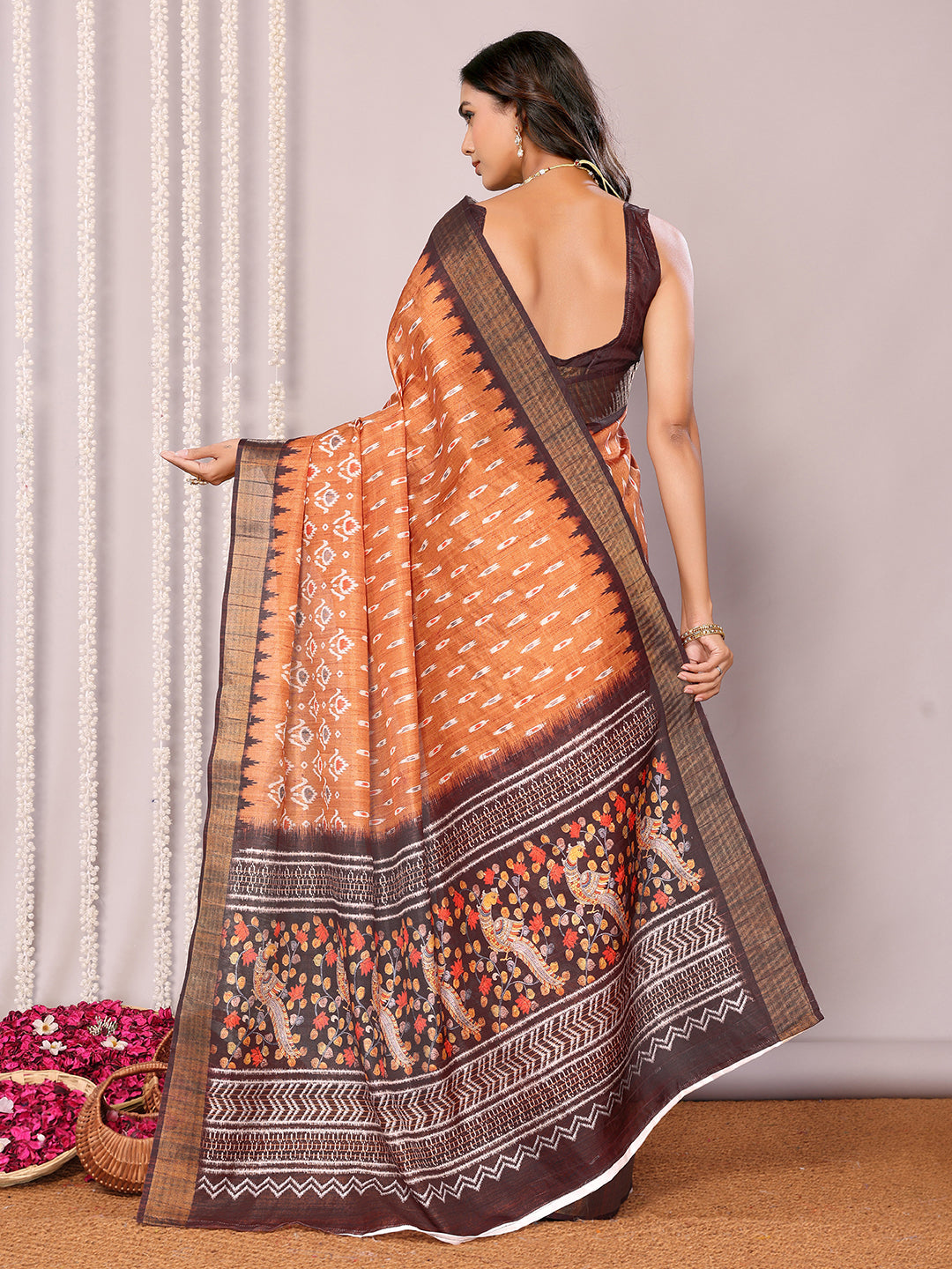 Orange Chanderi Silk Ikkat Printed Chanderi Saree with Blouse Piece