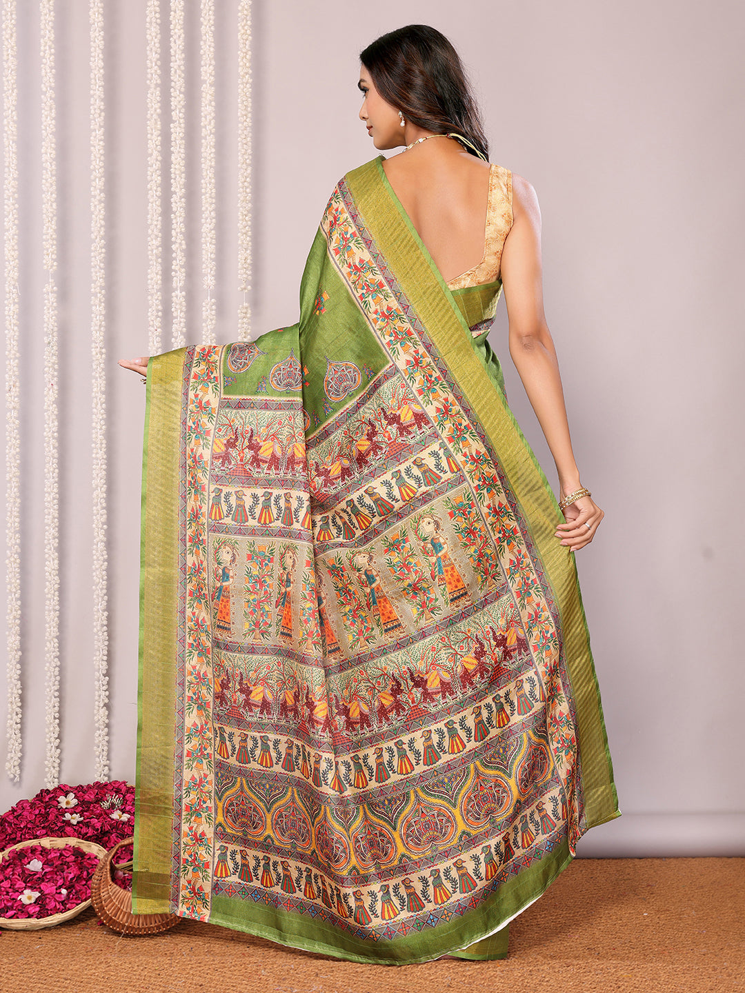 Green Chanderi Silk Kalamkari Printed Kalamkari Saree with Blouse Piece