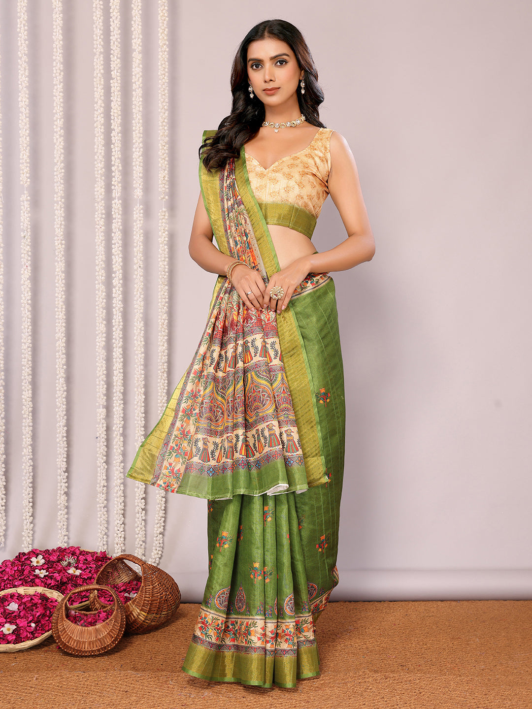 Green Chanderi Silk Kalamkari Printed Kalamkari Saree with Blouse Piece