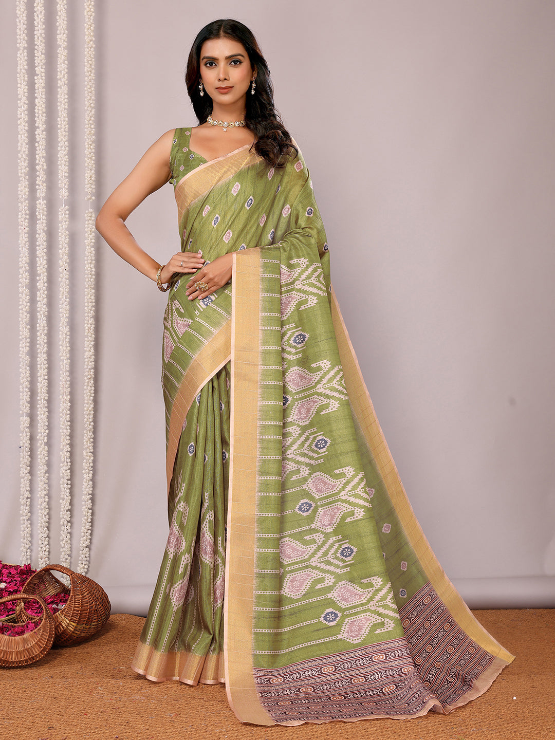 Green Chanderi Silk Ikkat Printed Chanderi Saree with Blouse Piece