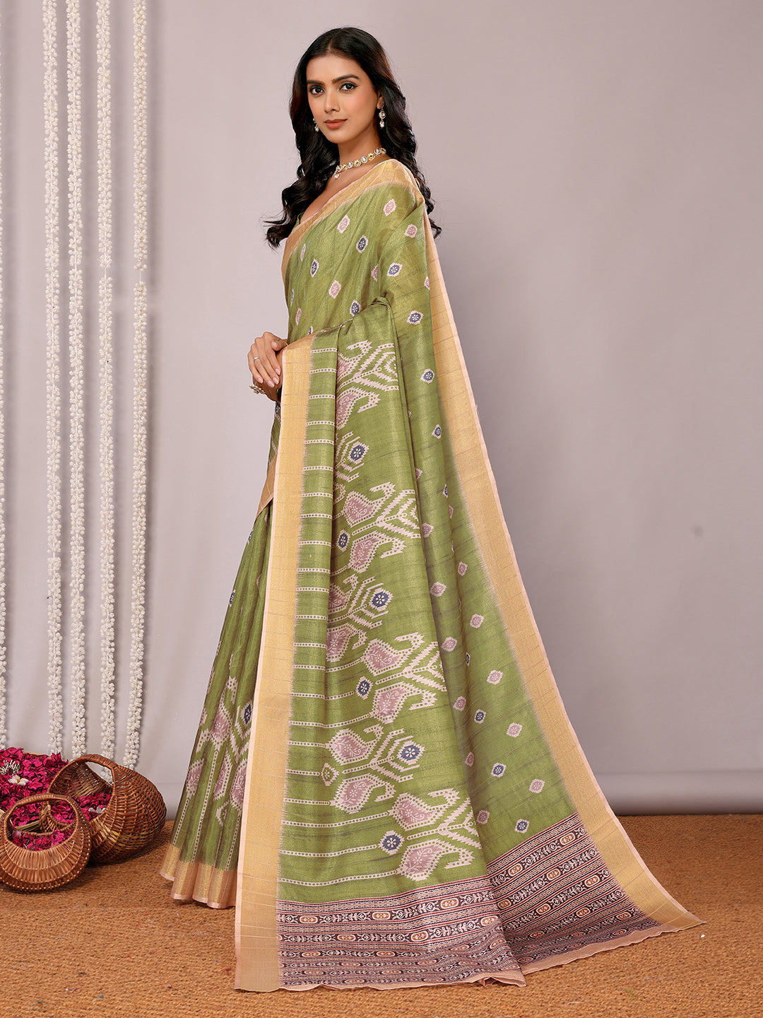 Green Chanderi Silk Ikkat Printed Chanderi Saree with Blouse Piece