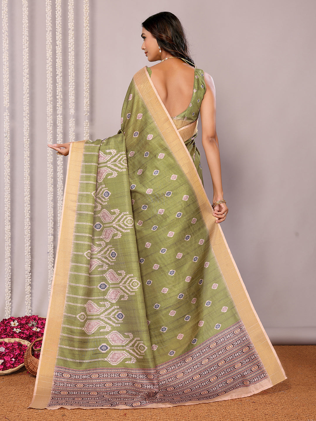 Green Chanderi Silk Ikkat Printed Chanderi Saree with Blouse Piece