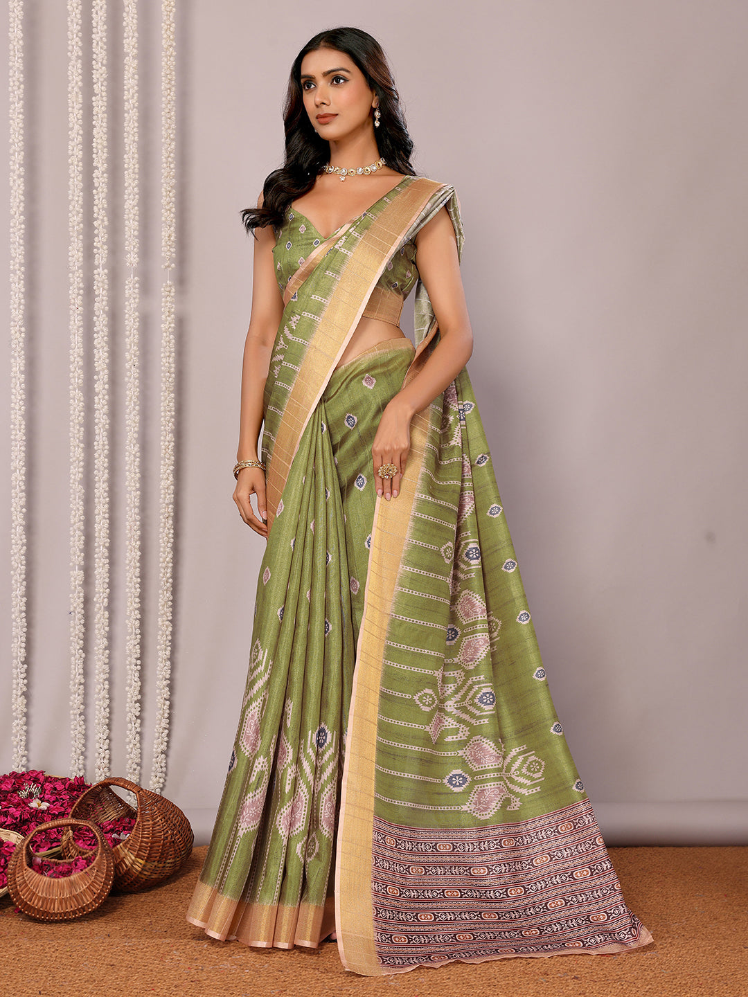 Green Chanderi Silk Ikkat Printed Chanderi Saree with Blouse Piece