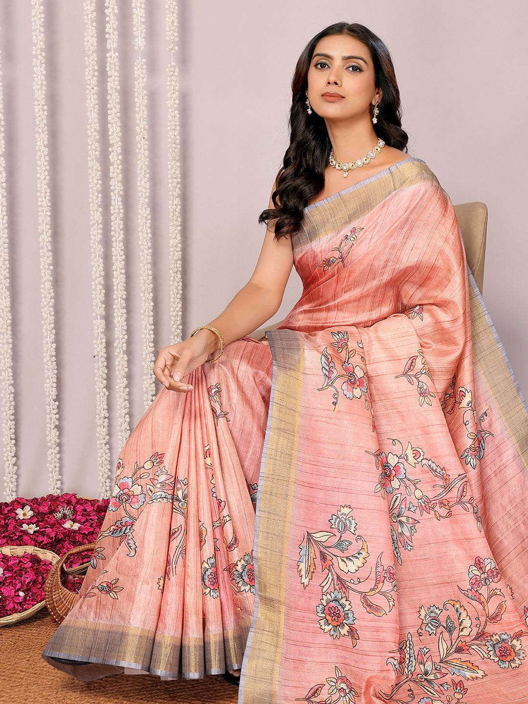 Peach Chanderi Silk Floral Printed Chanderi Saree with Blouse Piece