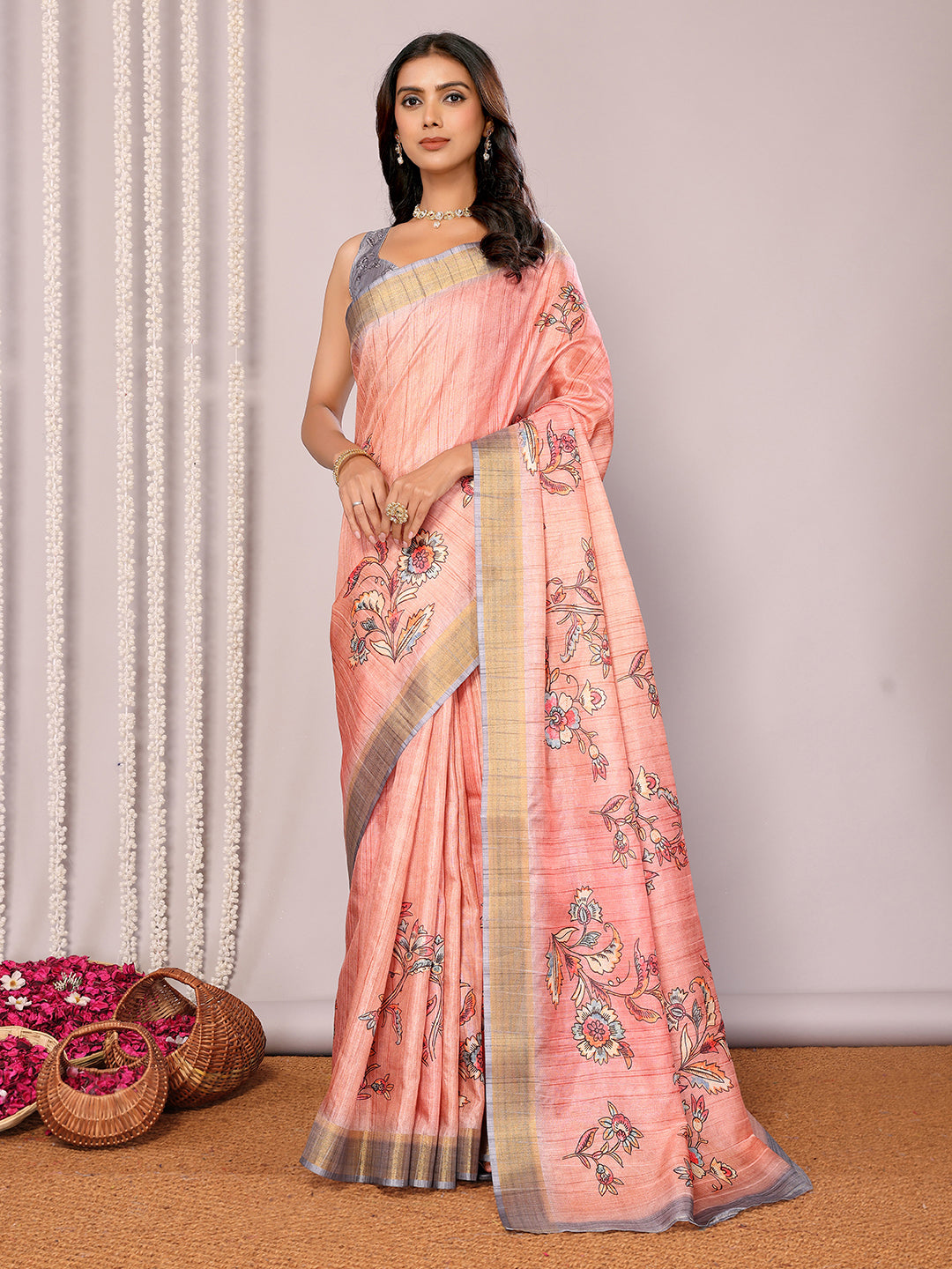 Peach Chanderi Silk Floral Printed Chanderi Saree with Blouse Piece