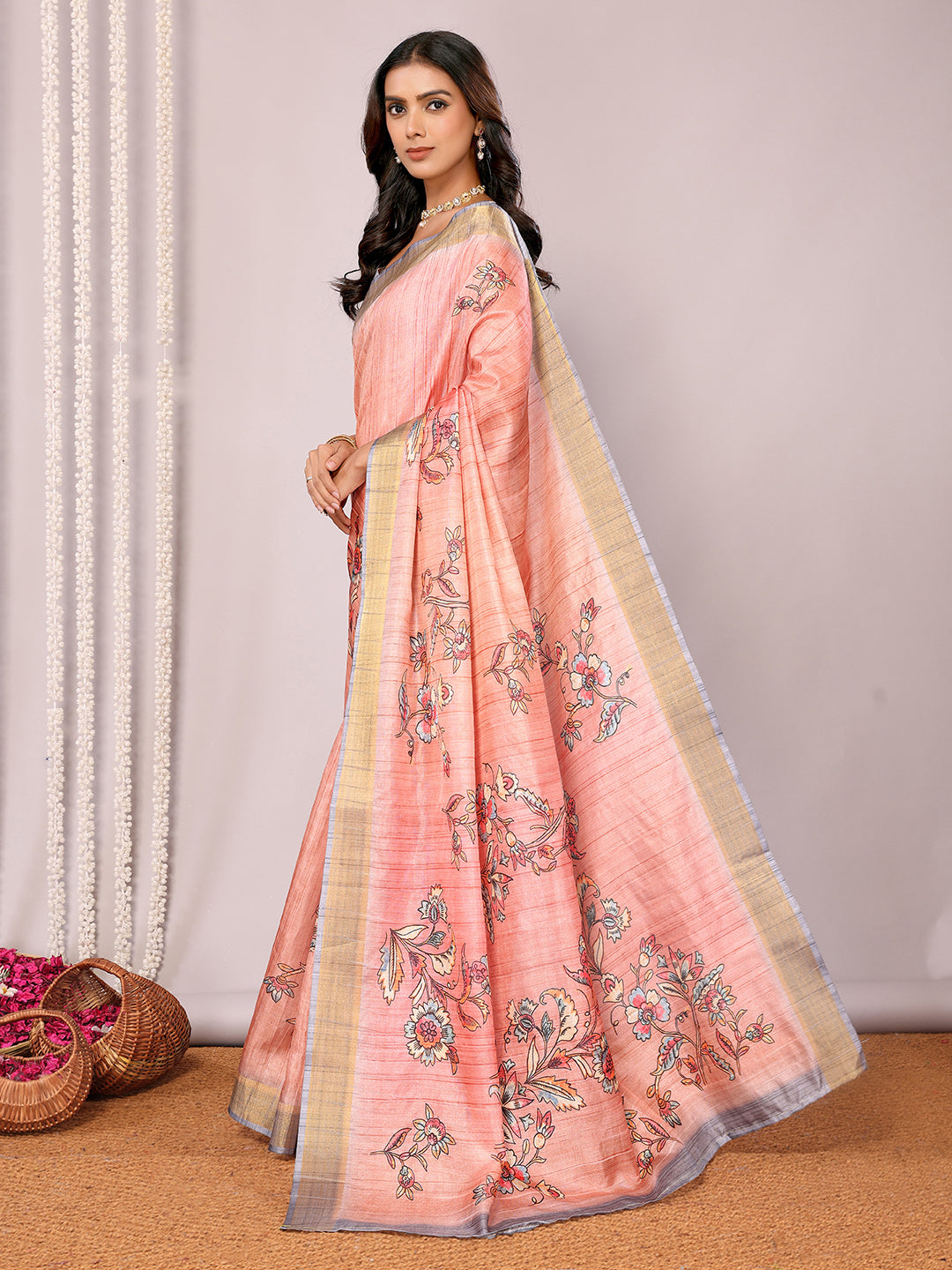 Peach Chanderi Silk Floral Printed Chanderi Saree with Blouse Piece