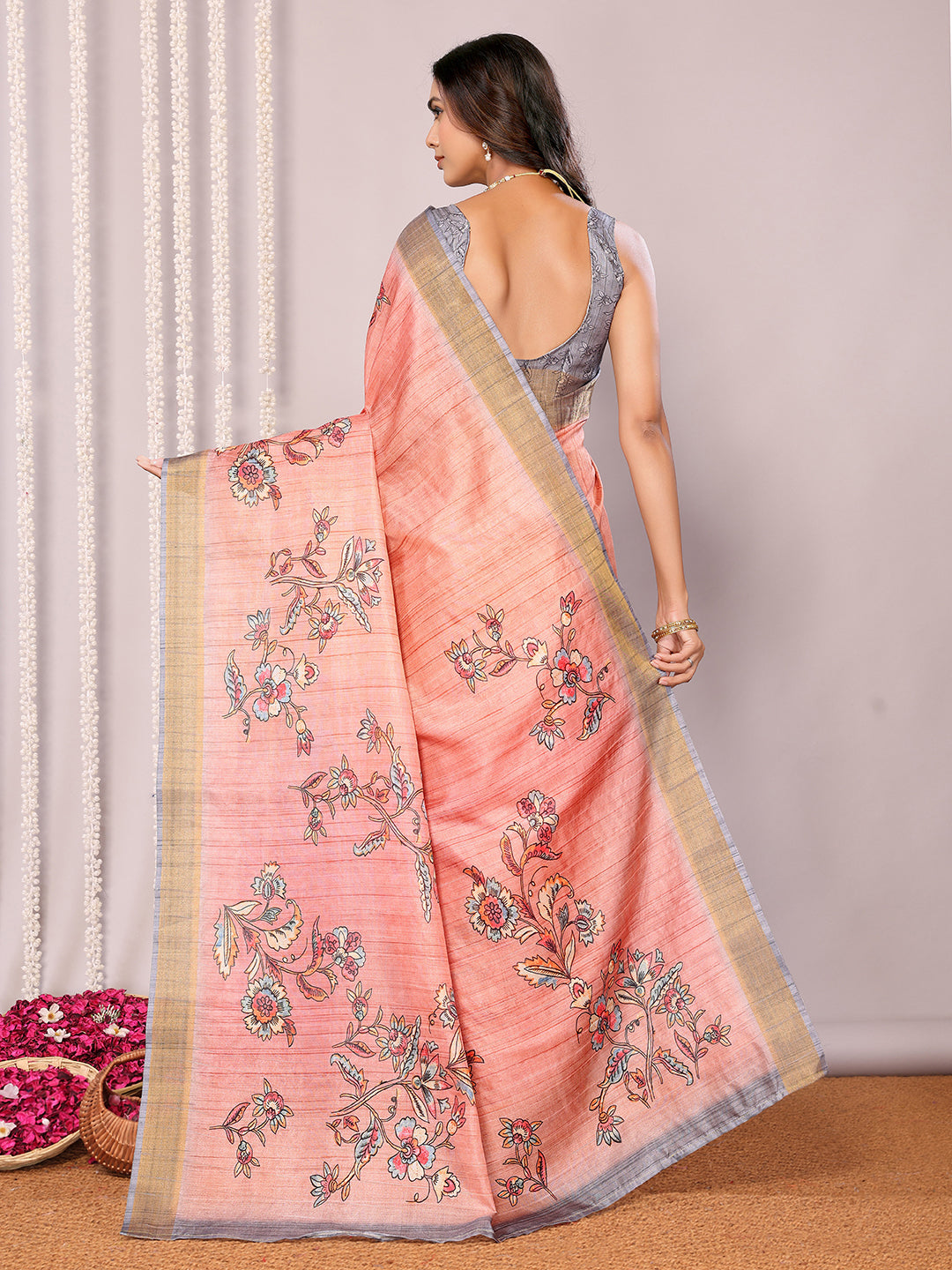 Peach Chanderi Silk Floral Printed Chanderi Saree with Blouse Piece