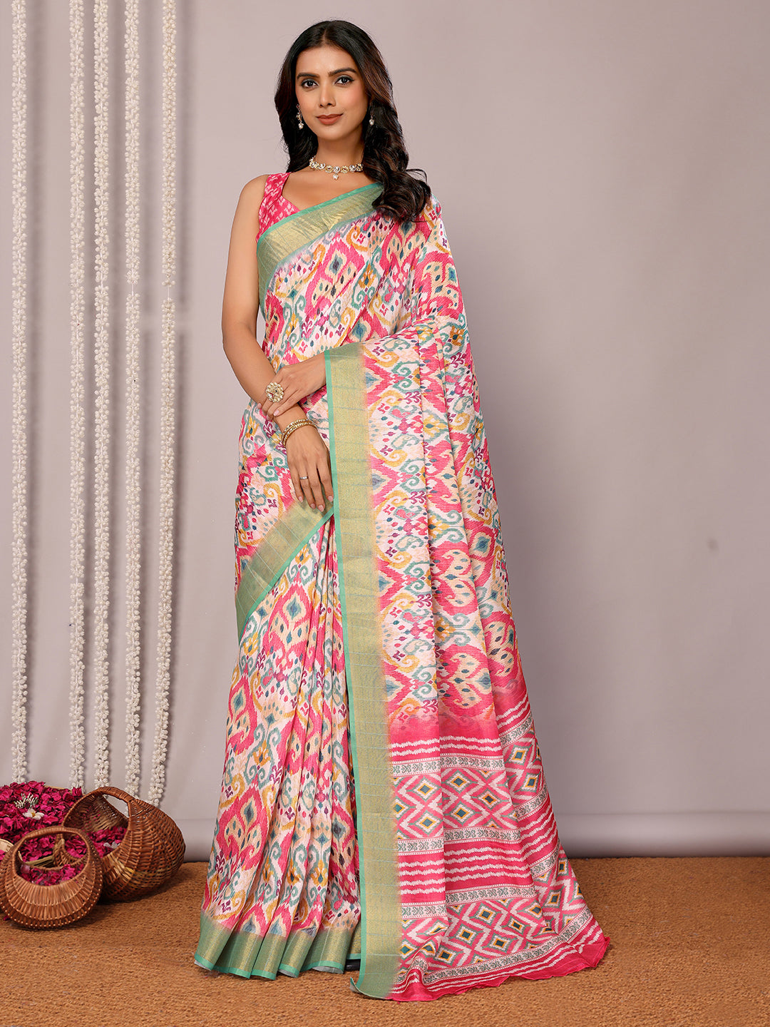 Pink Chanderi Silk Ikkat Printed Chanderi Saree with Blouse Piece