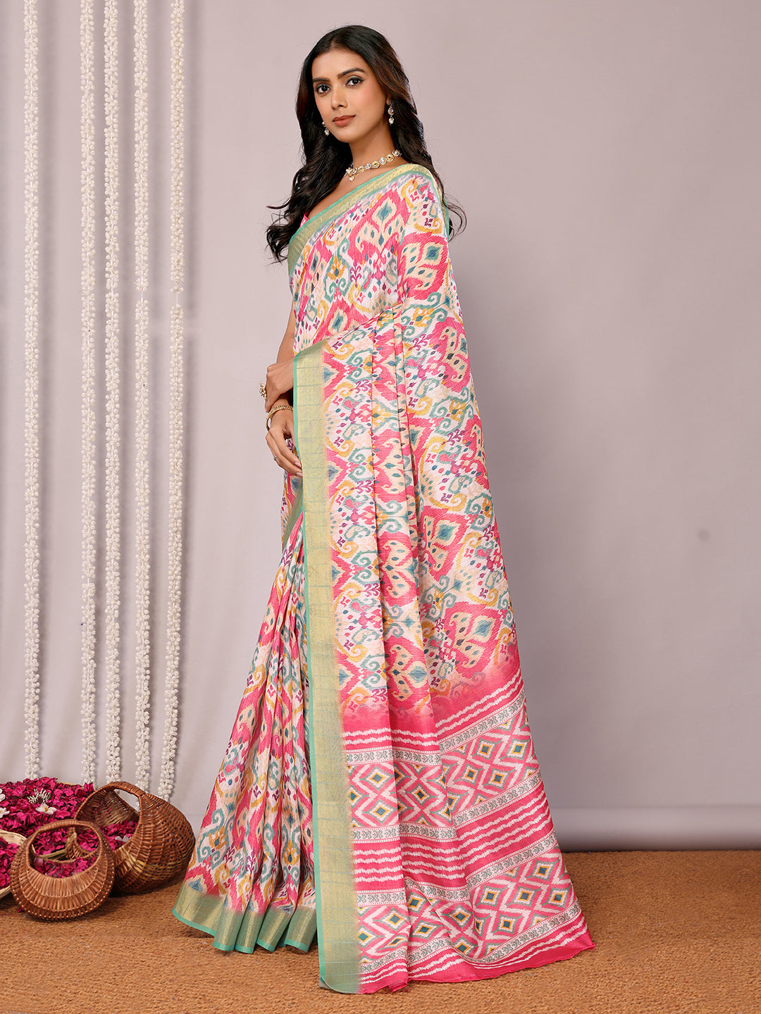 Pink Chanderi Silk Ikkat Printed Chanderi Saree with Blouse Piece
